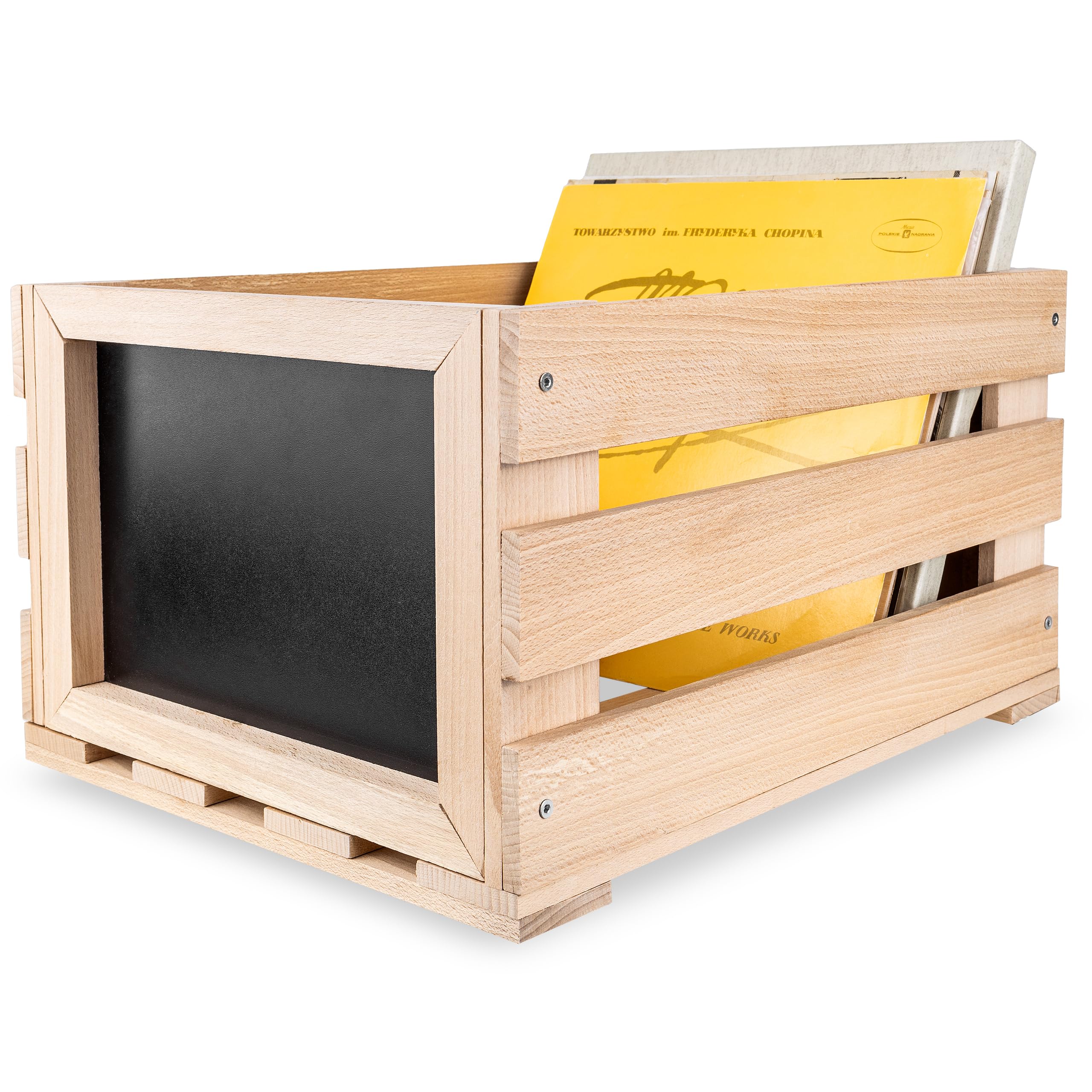 Creative Deco Porta Vinili con Lavagna, 46 x 36 x 29 cm | In legno di faggio, con lavagna, capacità fino a 80 dischi, contenitore da terra per vinili