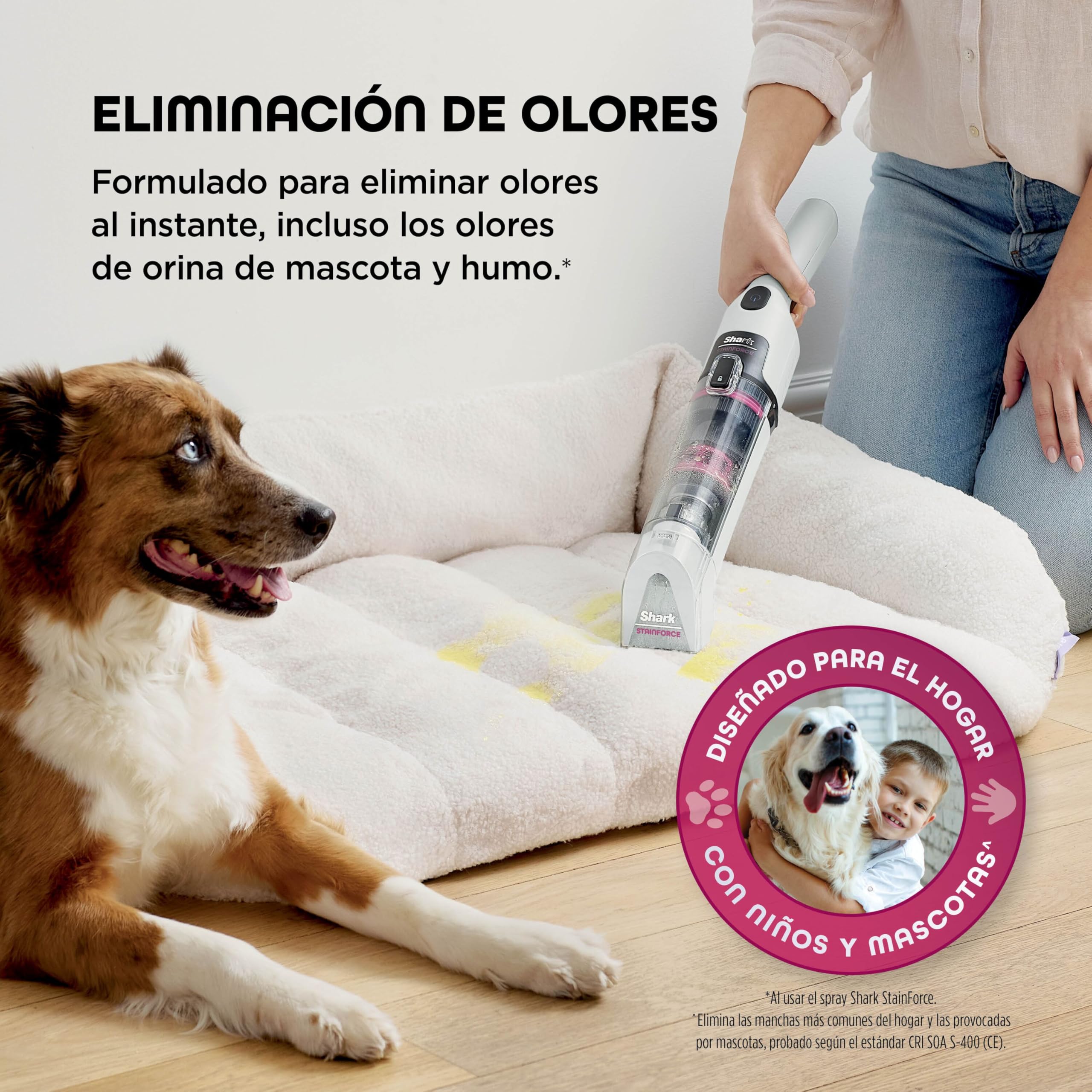 Shark StainForce, Eliminación de manchas y olores en alfombras, moquetas, tapicería, escaleras y coches, diseño ligero y portátil con organizador, accesorios y solución de limpieza total, HX100EUT