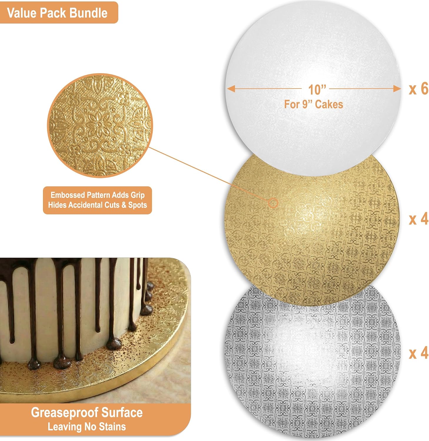 Cake Drums 10 inch Set (14 Pack) in White, Silver & Gold Color Value Bundle image 3
