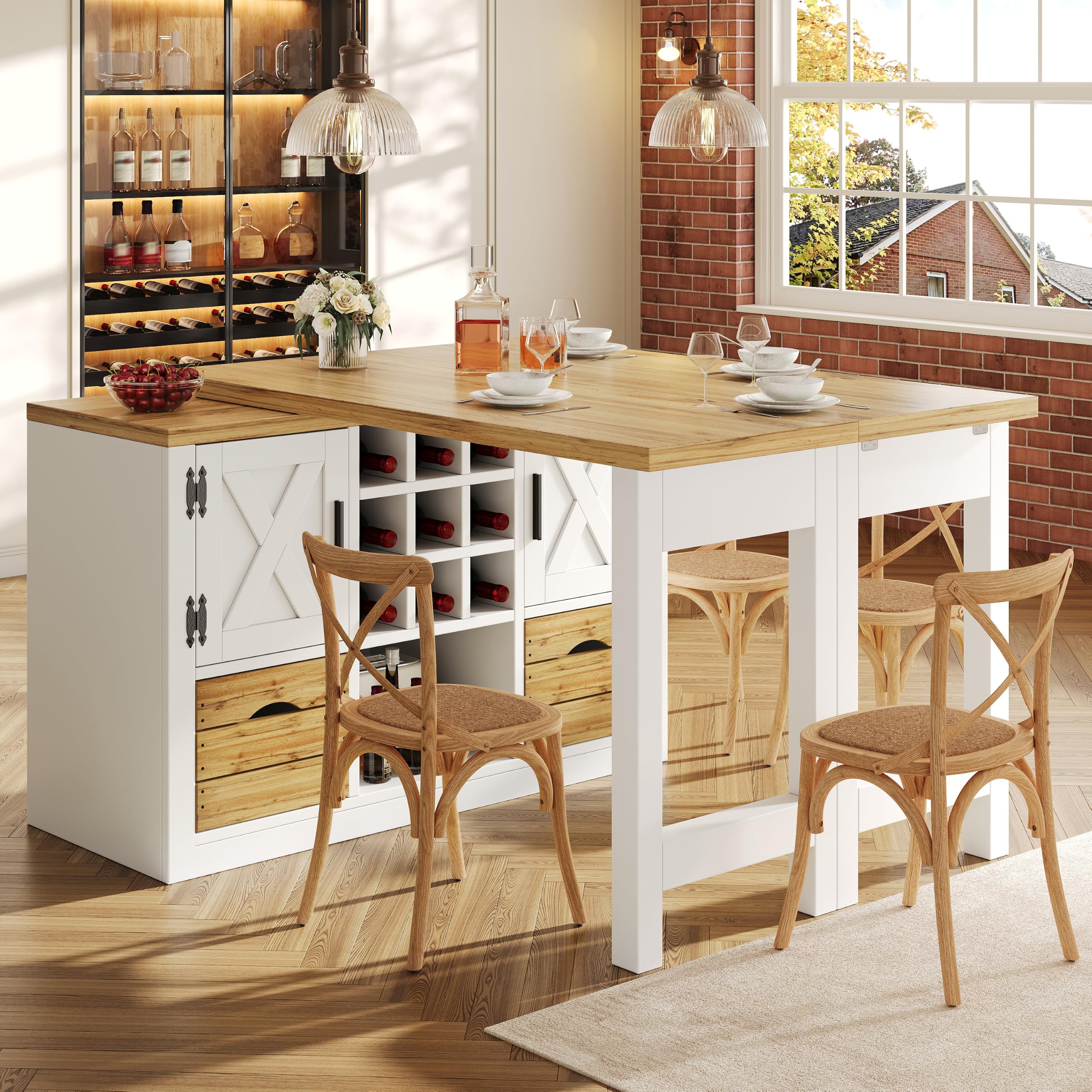 Merax 360° swivelling Dining Bar table Kitchen island, with white storage cabinet with removable Wine Rack & 2 Drawers and Folding extending table-40-80X120CM — image 1