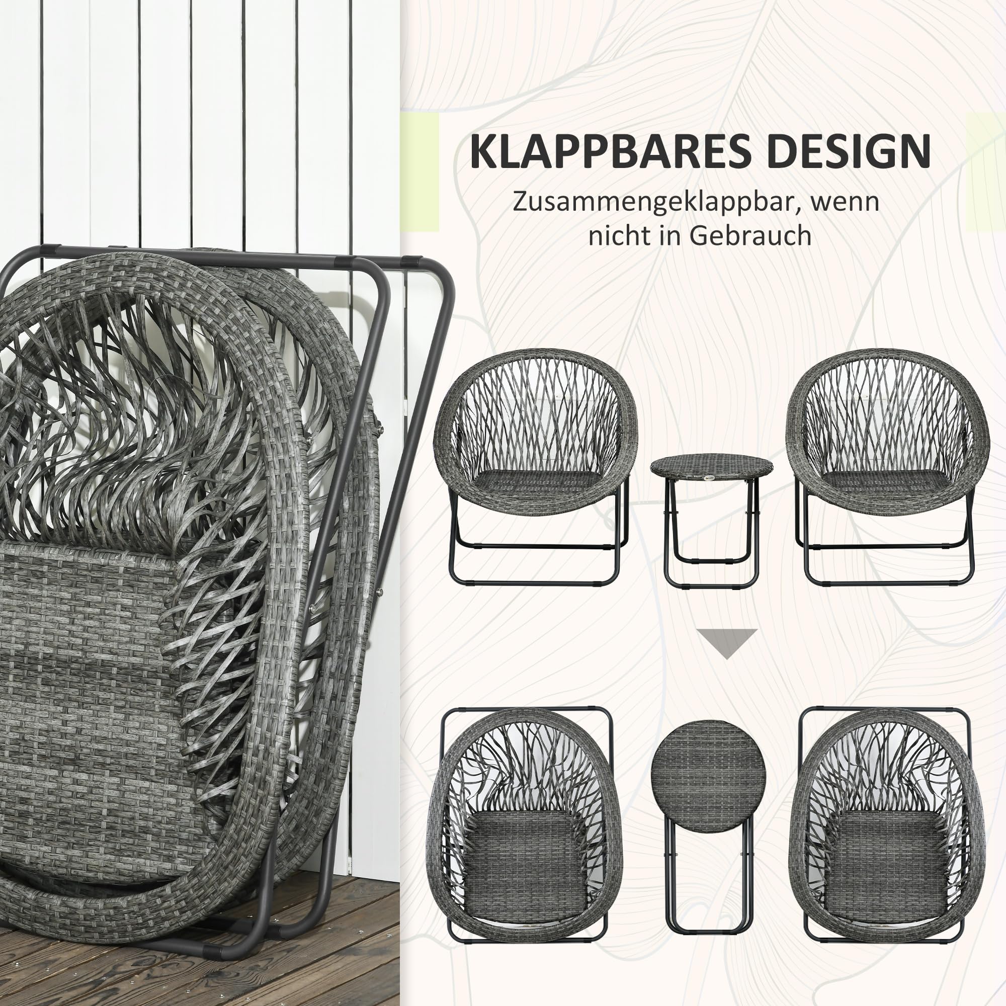 Outsunny Polyrattan Gartenmöbel Set, klappbar Outdoor Sitzgruppe für 2 Personen, 3-teilig Balkonmöbel mit 2 Stühle, Tisch, wetterfest Balkonmöbel für Garten, Balkon, Grau