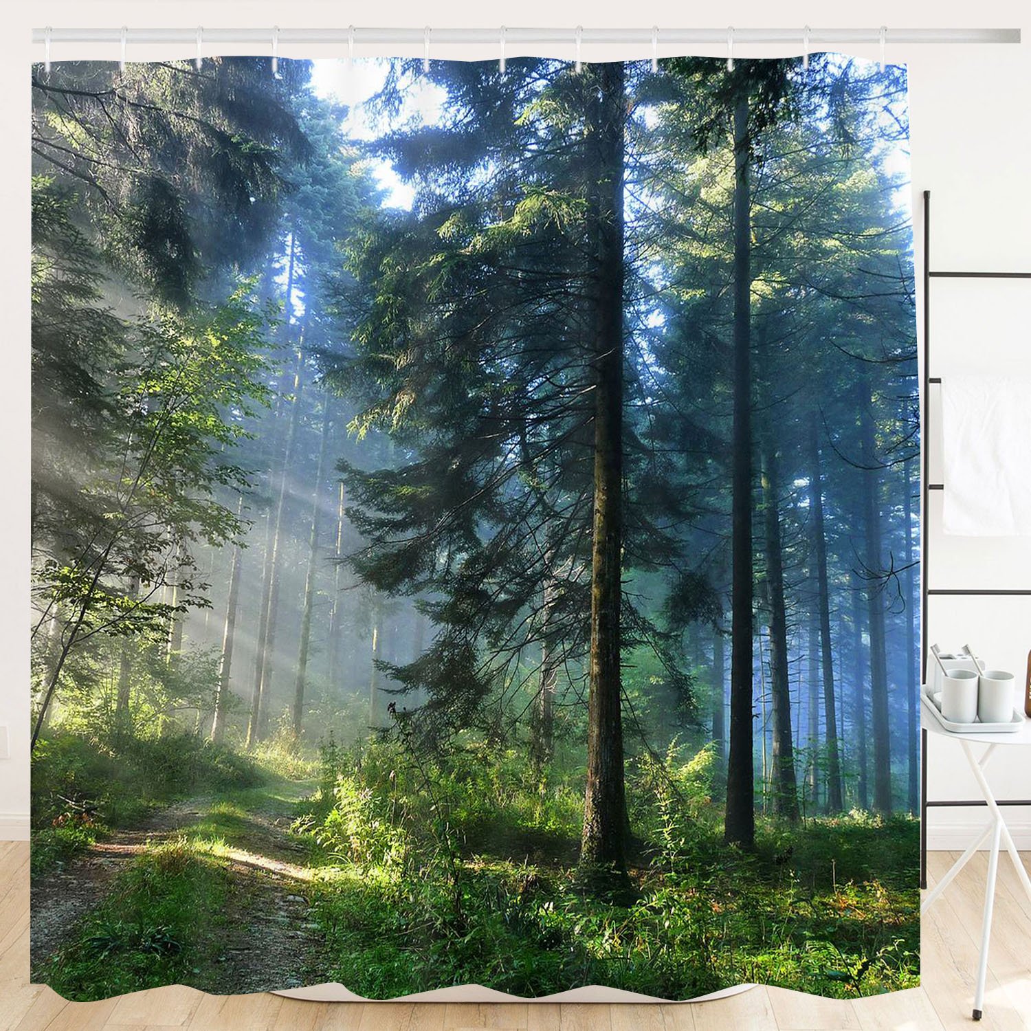 Alishomtll Cortina de ducha forestal, verde antimoho, cortinas de ducha textil impermeable cortinas de ducha bañera, lavable con 12 ganchos, 120 x 180 cm