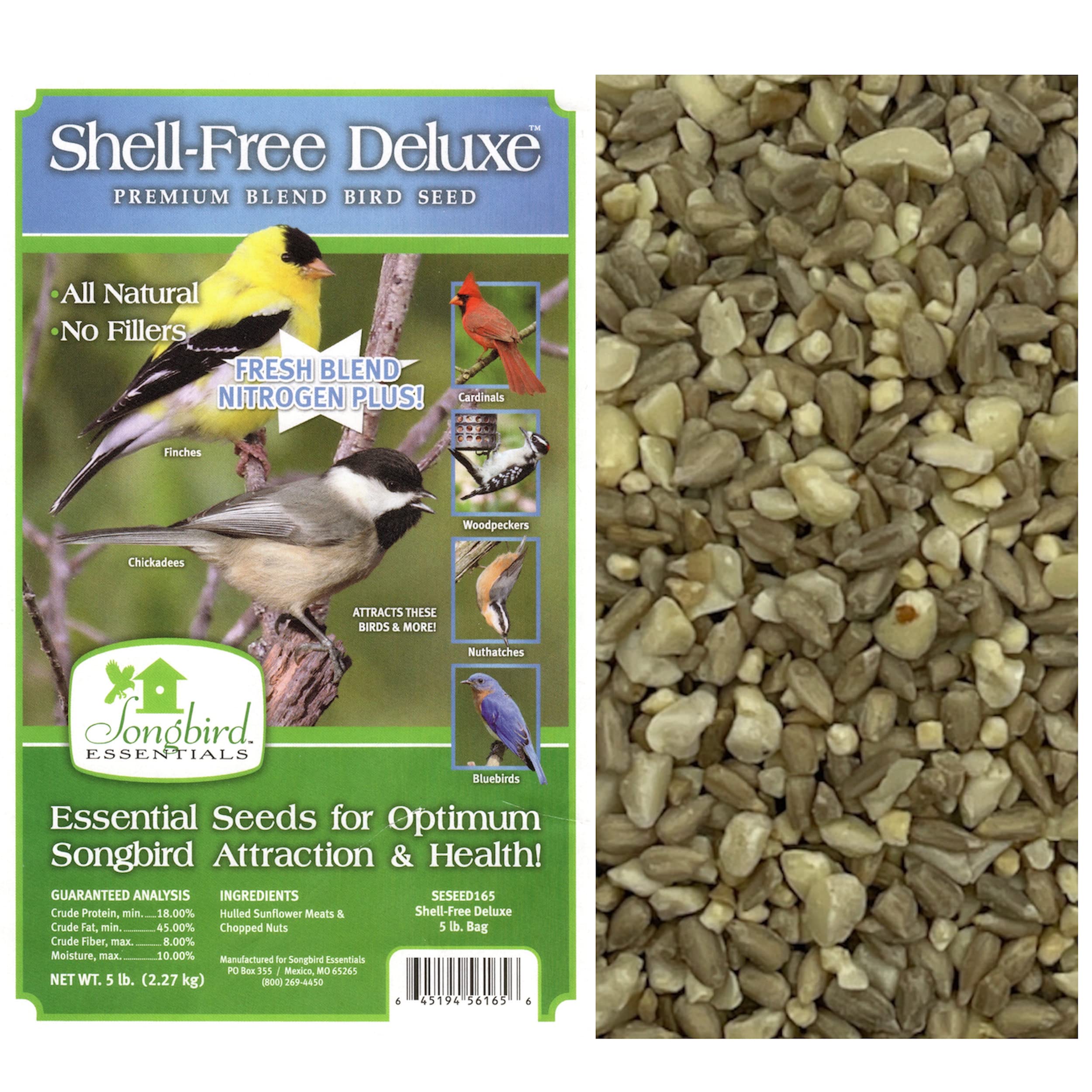 Songbird EssentialsWild Bird Food, Shell Free Deluxe Premium Bird Seed, 5 Pound Bag, Nitrogen Flushed
