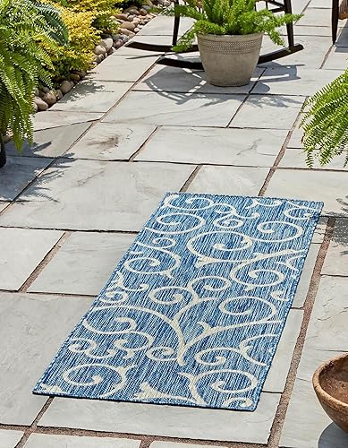 Rugs.com Outdoor Botanical Collection - Alfombra de tejido plano azul de 2 x 6 pies, perfecta para pasillos y entradas
