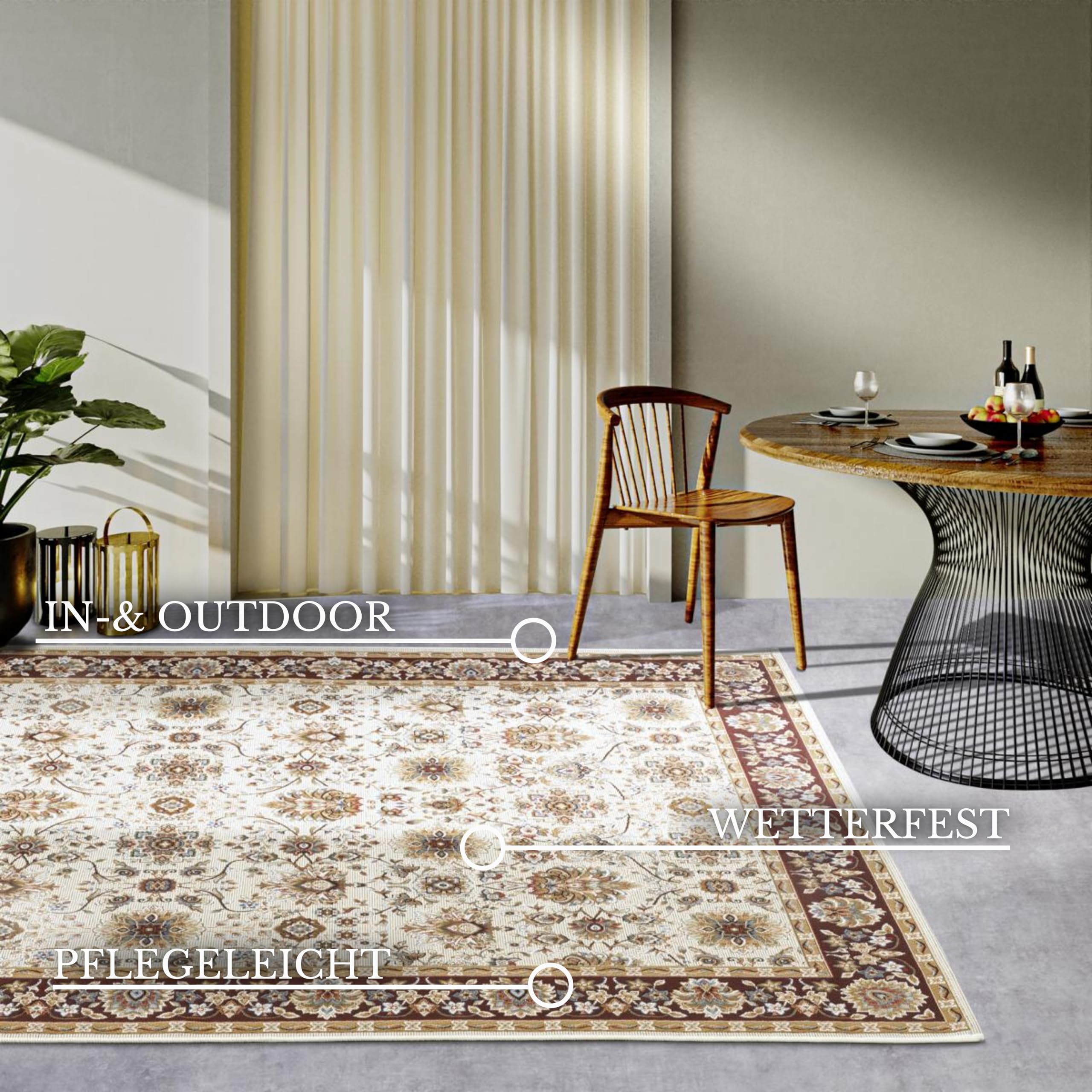 Villeroy & Boch Nicolas Tapis d'intérieur et d'extérieur Oriental tissé à Plat, Design Oriental Classique, certifié Öko-Tex Résistant aux intempéries et aux UV, Balcon, terrasse, Jardin – Marron