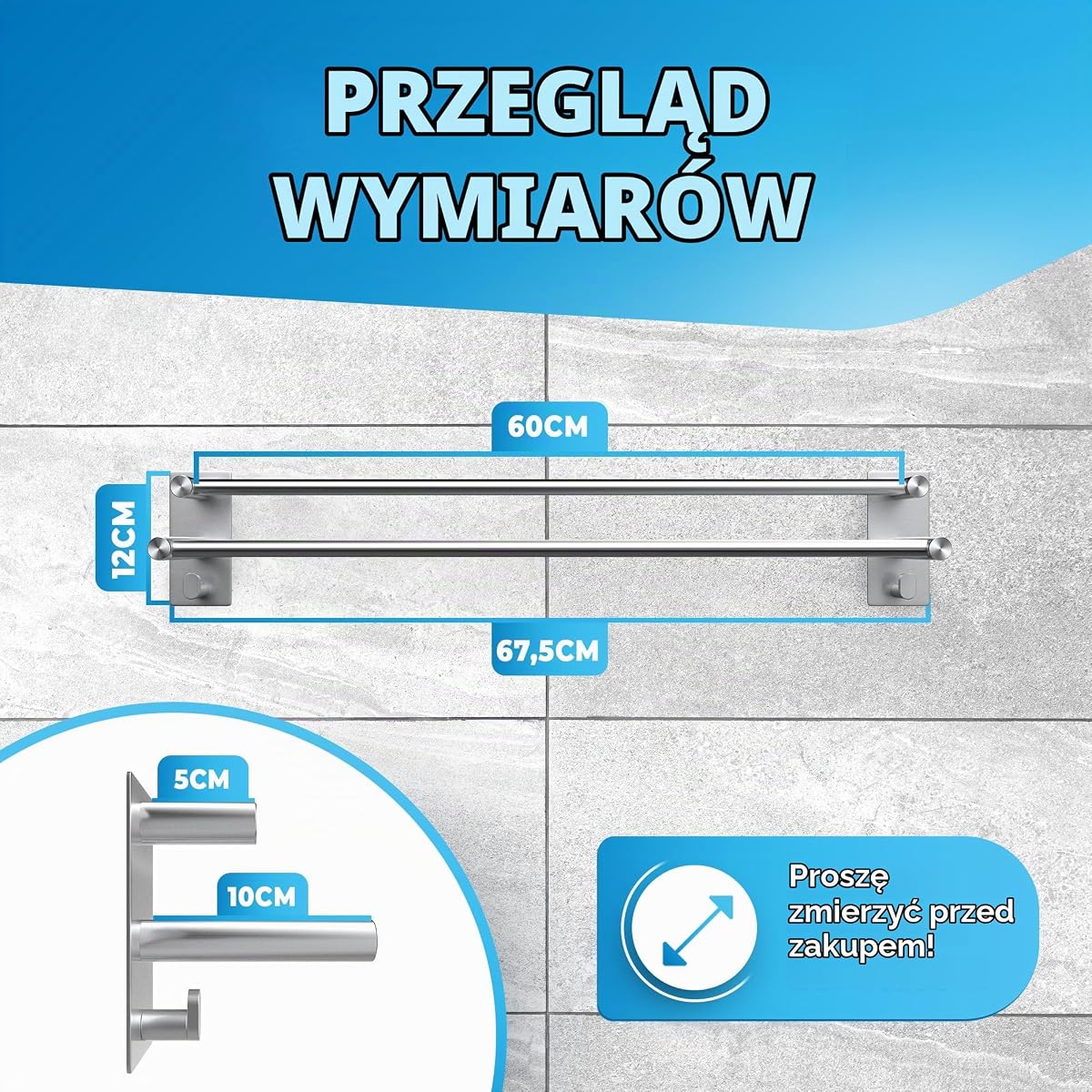LOBUX® - Wieszak na ręczniki bez wiercenia – 60 cm, stal nierdzewna – podwójny wieszak na ręczniki do łazienki, samoprzylepny – uchwyt na ręczniki, wieszak na ręczniki kąpielowe z 2 uchwytami – do