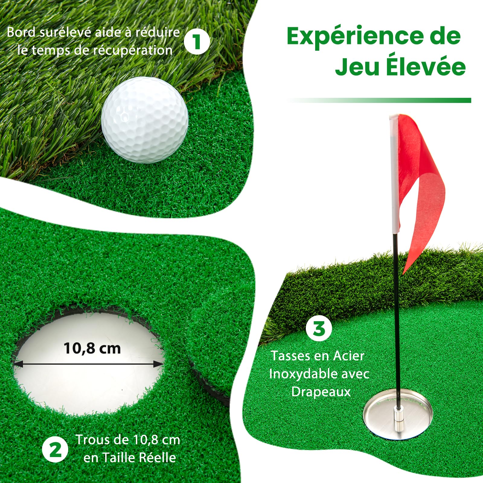 GOPLUS Tapis de Putting Golf avec 3 Trous, Couvercles de Trous, Tapis d’Entraînement de Golf Professionnel avec Gazon Synthétique, Gobelets, Balles, Intérieur & Extérieur