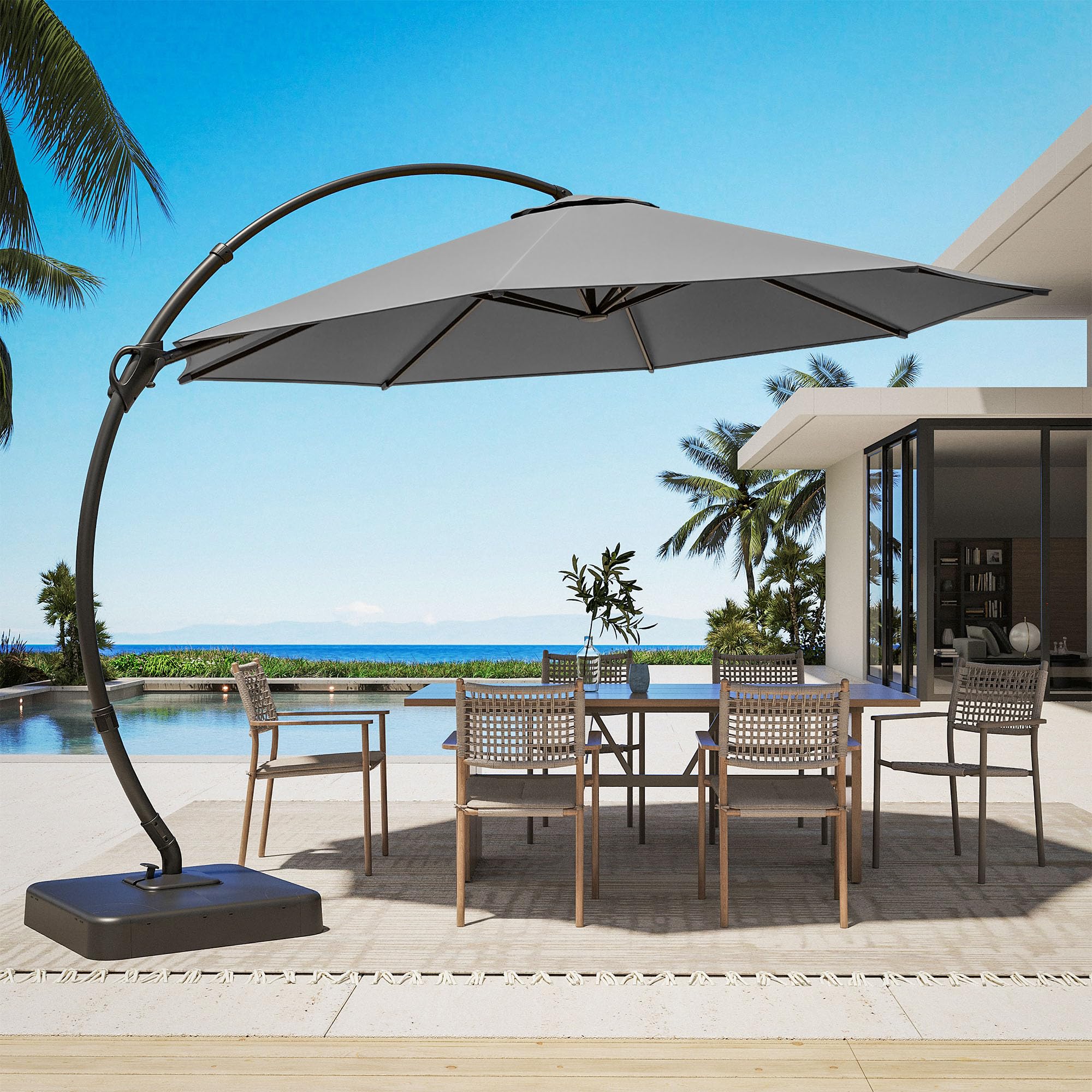 Outdoor Patio Umbrella with Base Included, Upgraded 11ft Large Sun Shade Cantilever Umbrella Deluxe Curvy Aluminum Offset Hanging Umbrella with 360° Rotation for Pool, Deck, Lawn (Grey)