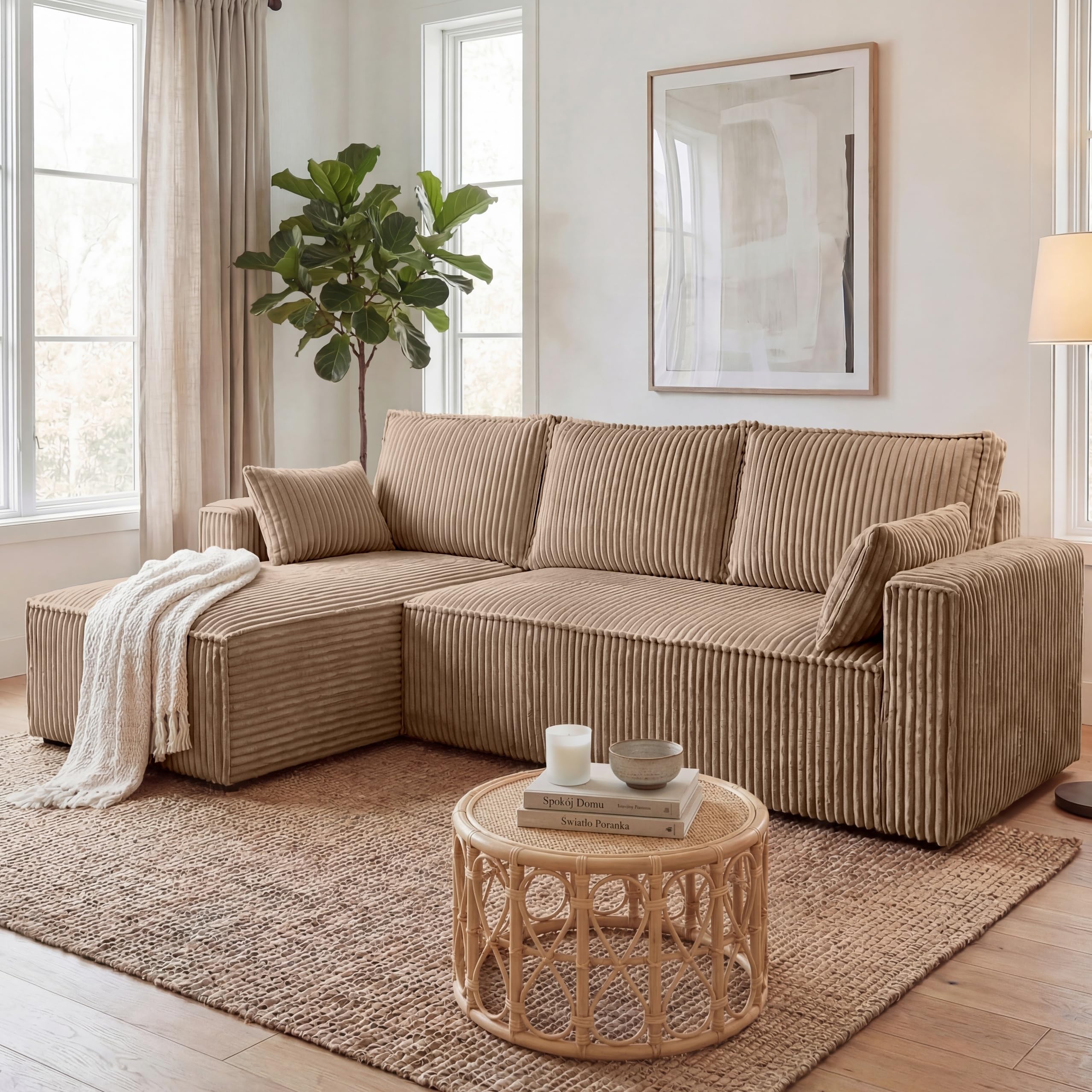 BROMARKT Sofa mit Schlaffunktion L Form Ecksofa mit Bettkasten Hellbraun | Couch Eckcouch Schlafcouch Schlafsofa Sofabett Eckschlafsofa 235x133x85 cm 3 Sitzer Wohnlandschaft Cordstoff PILO