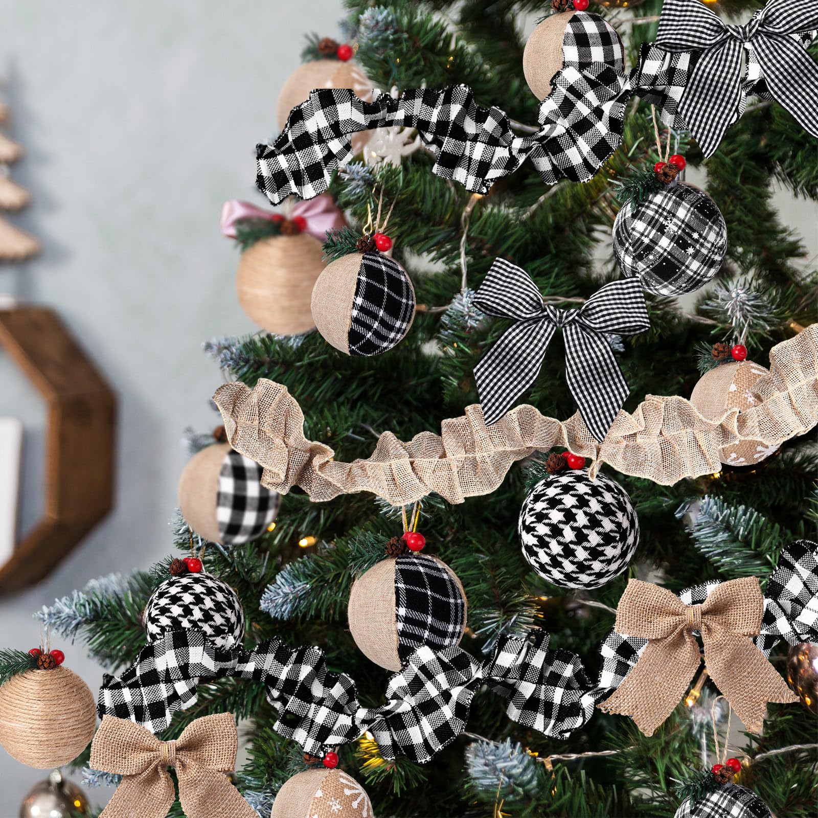 Aoriher Ornements de Boule de Noël Rustiques en Toile de Jute Décorations Suspendues d'arbre de Noël de Ferme Ornement à Carreaux de Buffle Suspendu Guirlande de Toile de Jute