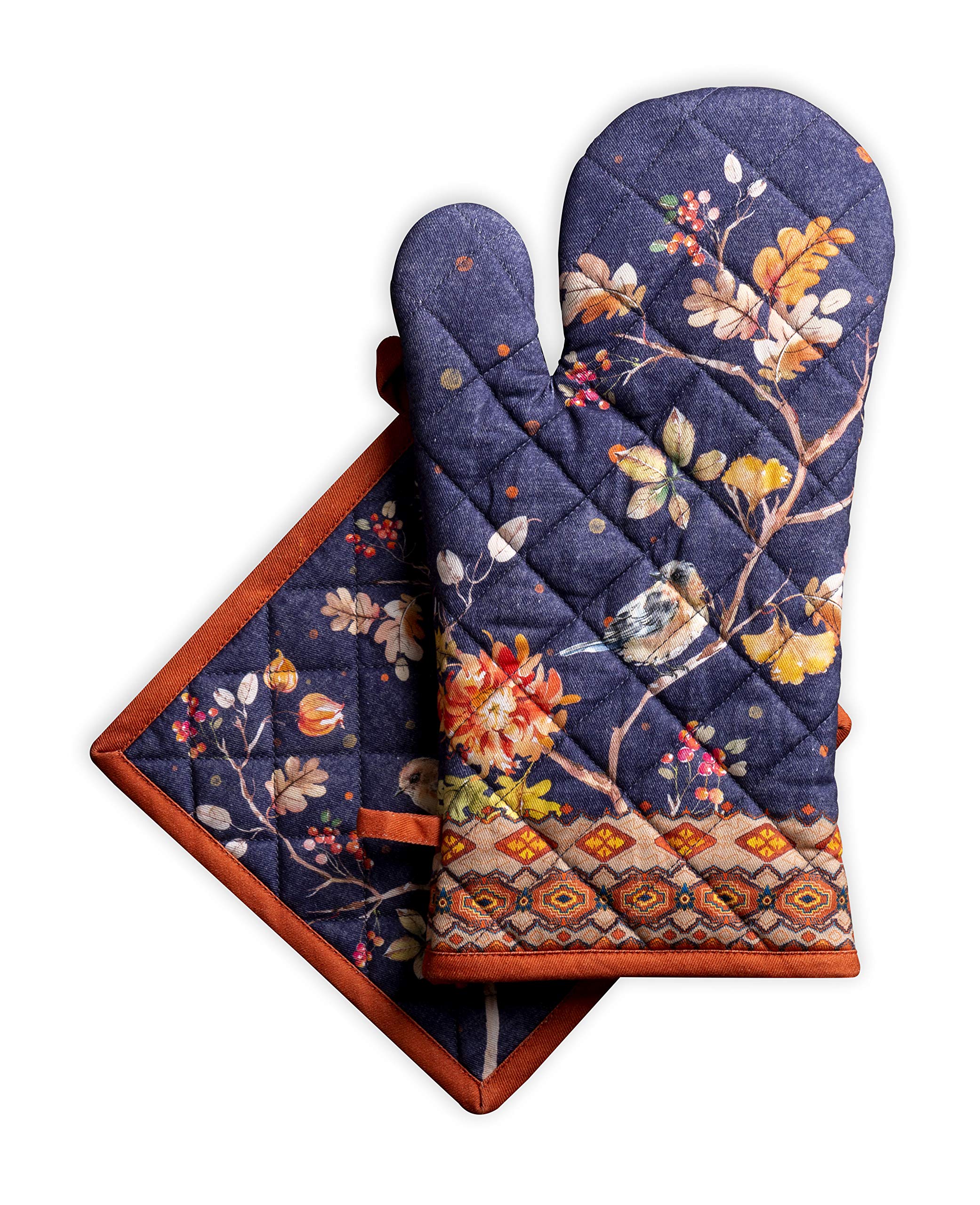 Maison d' Hermine 100% Cotton Oven Mitt & Pot Holder Set (7.5"x13" & 8"x8") Heat Resistant BBQ Cooking Gloves with Loop, Baking, Grilling, Kitchen, Handling Hot Pans (Kelim - Infinity)