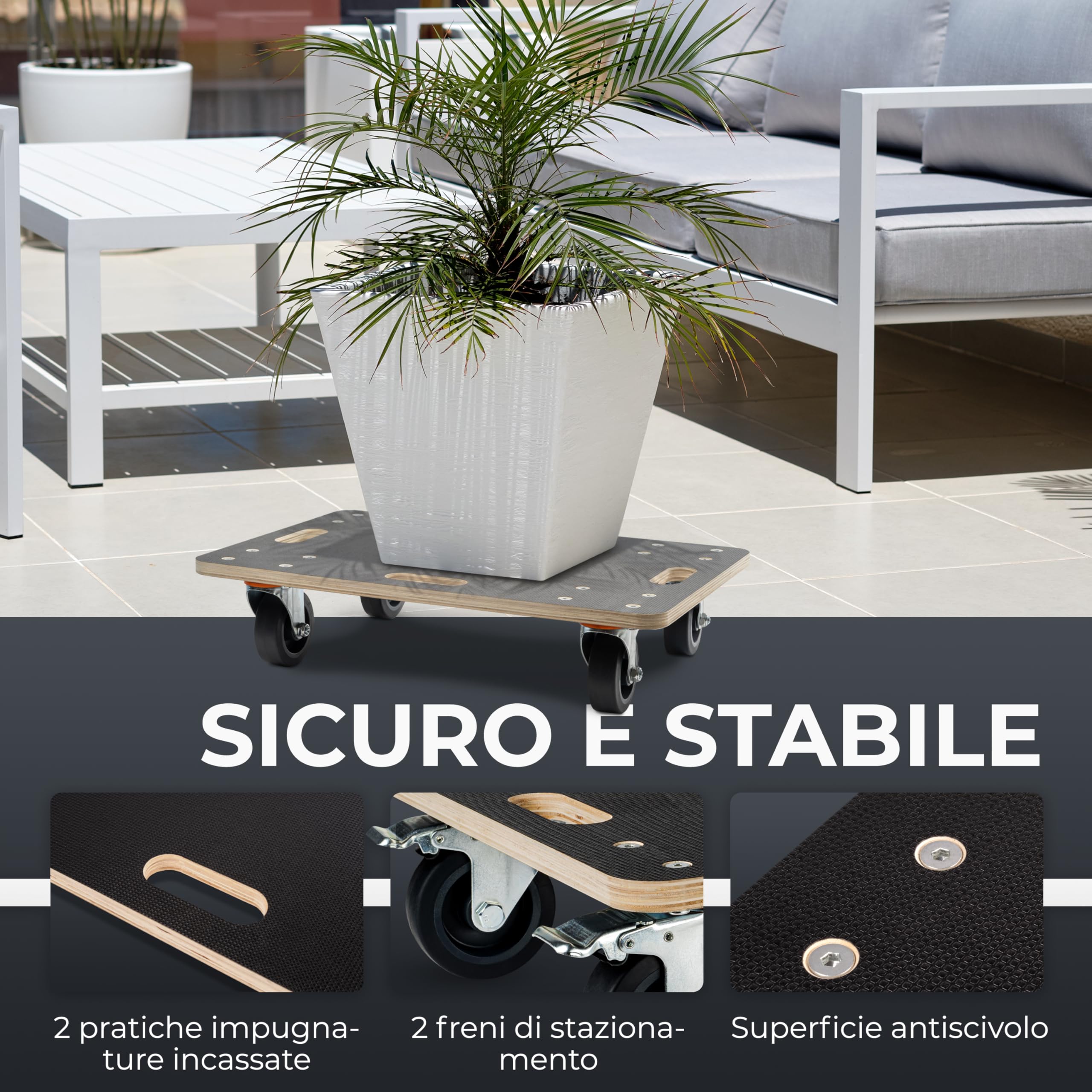 piano a rulli per carichi pesanti - ruote extra silenziose | capacità di carico di 400 kg | 60 x 40 cm | in legno di alta qualità in nero | per officina e trasporto | carrello di trasporto