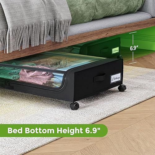 Miniatura 8 de Paquete de 2 contenedores de almacenamiento debajo de la cama con ruedas, gran capacidad de 37 litros debajo de la cama con tapa transparente, asas,