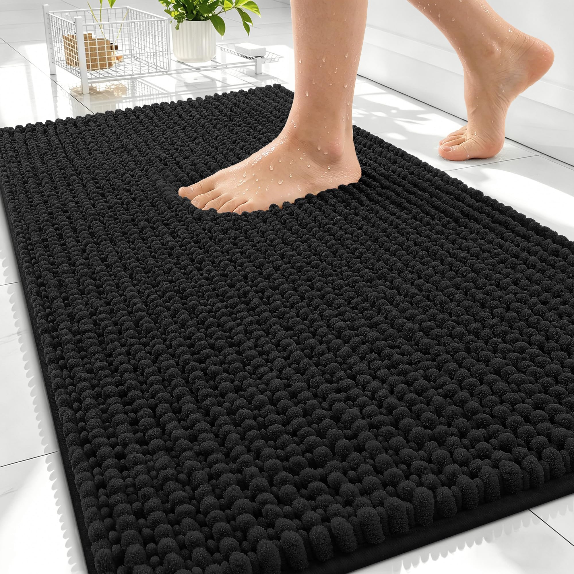 OLANLY Thick Chenille Bathroom Rugs 34x21, Soft Absorbent Bath Mat, Black