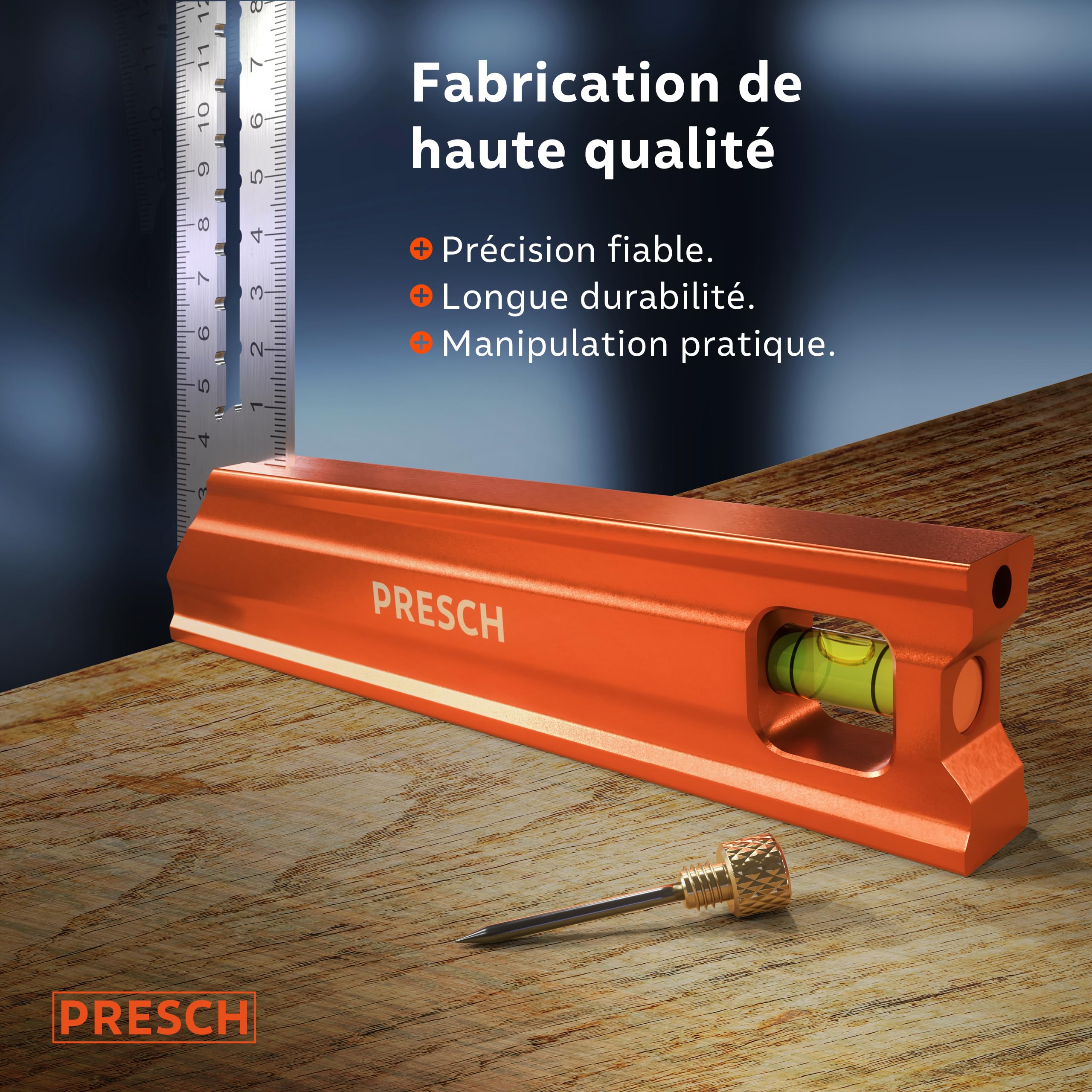 Presch Équerre de Menuisier 300mm - Moyen - Avec jauge (30cm), niveau à bulle et pointe à marquage - 90° et 45° degrés - Équerre a chapeau, Équerre de precision et charpentier