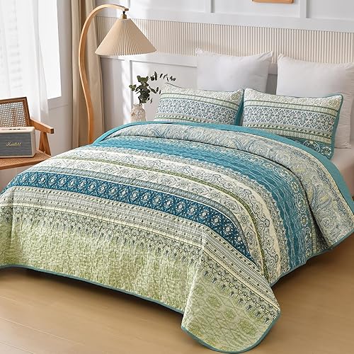 Miniatura 2 de WONGS BEDDING Juego de edredón bohemio tamaño Queen, juego de edredón de 3 piezas de rayas bohemias de Navidad, juego de edredón de microfibra