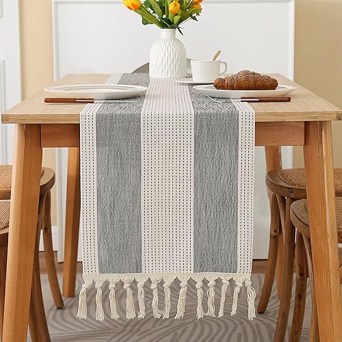 Miniatura 1 de Camino de mesa de arpillera con borlas de 36 pulgadas de largo, estilo bohemio, a rayas anchas, de lino, camino de mesa, accesorios de mesa para