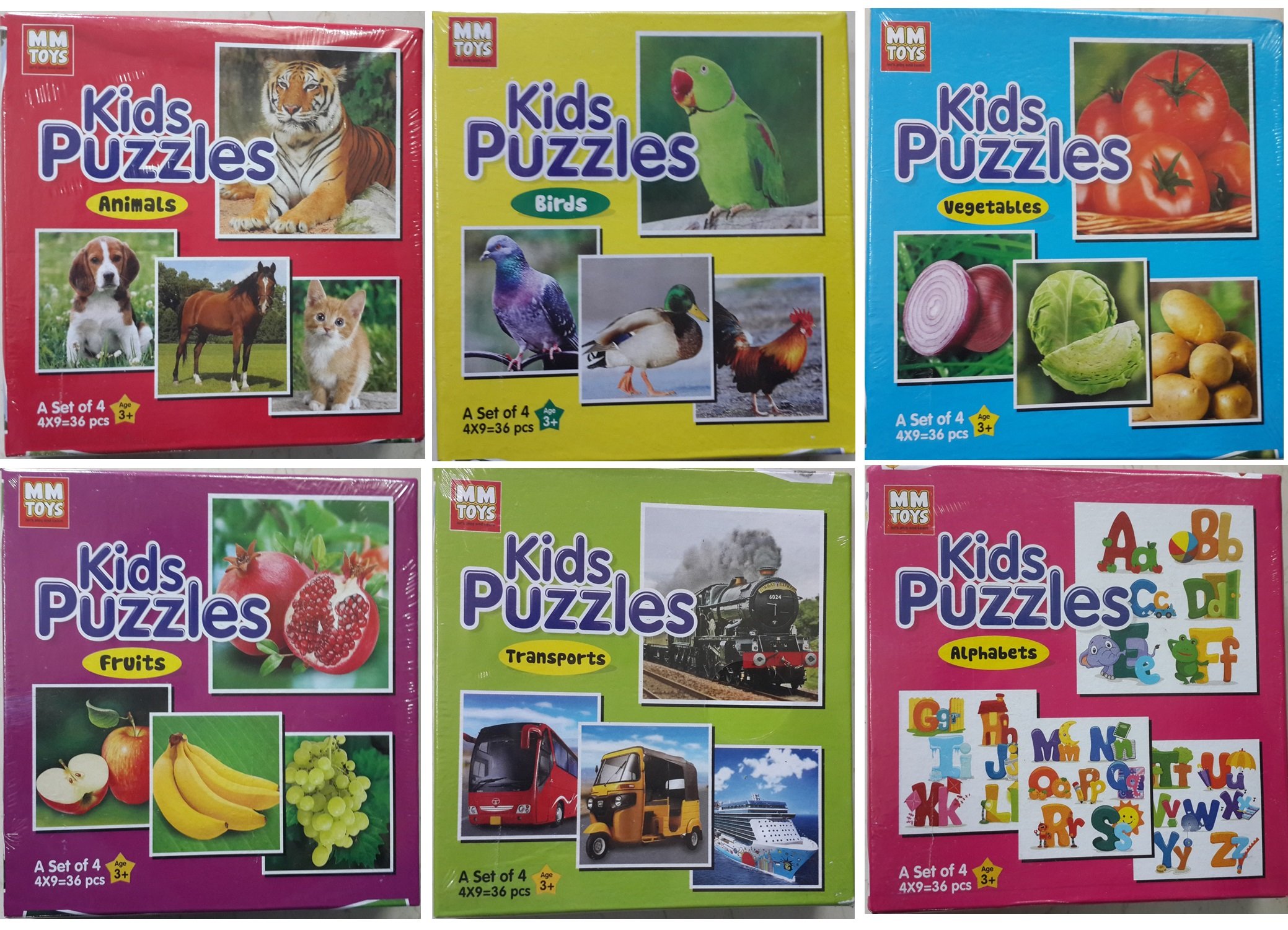 NILSEA, MMT Kids Puzzle Set of 6- Animals + Birds + Vegetables + Fruits + Transports + Alphabets - Educational Puzzle Games