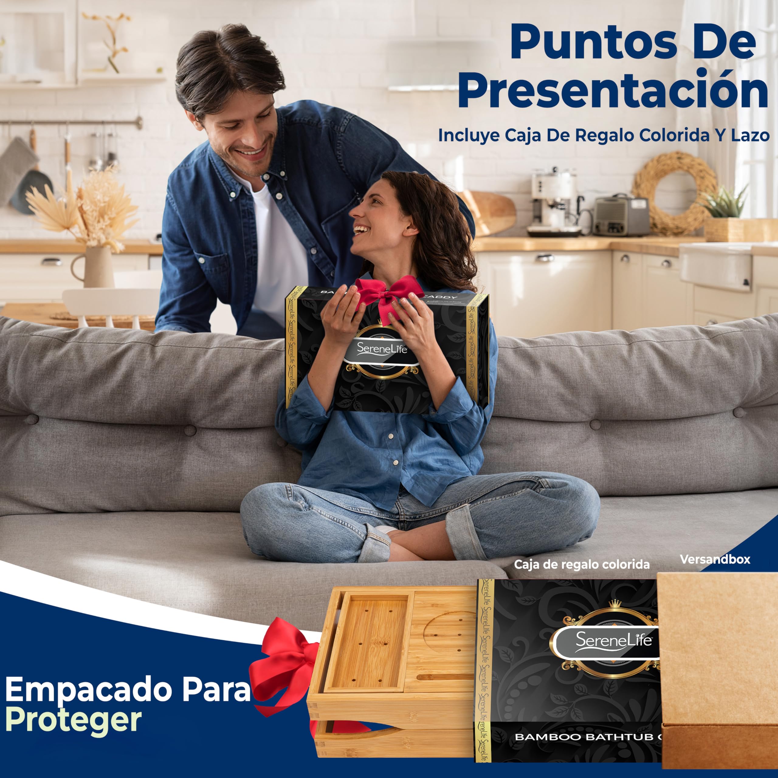SereneLife Bandeja 2 en 1, para Cama y baño, Caddy, Plegable de Bambu, Longitud Ajustable, Antideslizante, Soporte para Dispositivos, Ranura para Copa de Vino