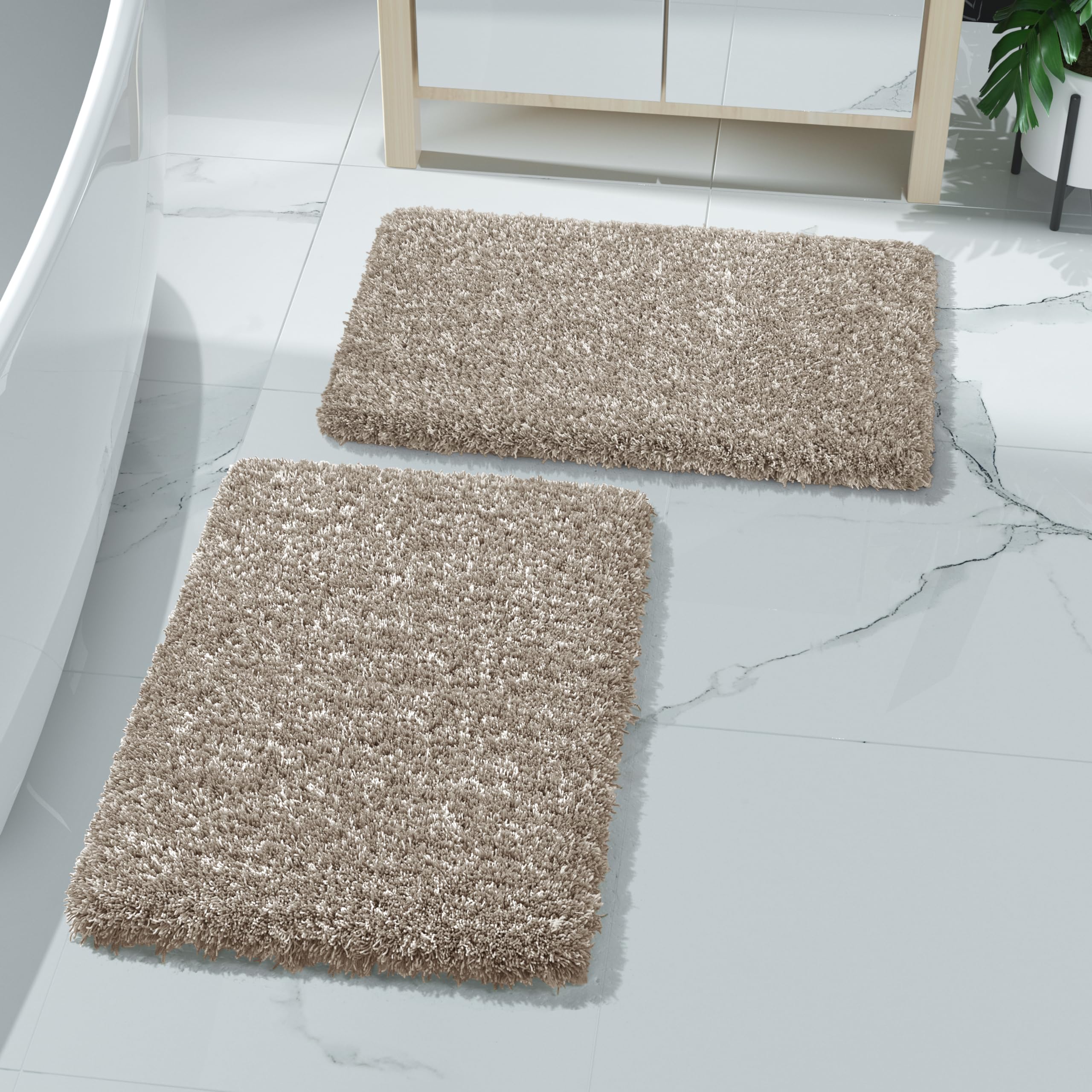 Yimobra Fluffy Bath Rug Set 2 Piece, Plush Thick Non Slip Bathroom Rugs, Luxury Soft Shower Bath Mat Set for Floor, Super Water Absorbent, Machine Washable, Quick Dry, 24x17+24x17 Inches, Light Brown