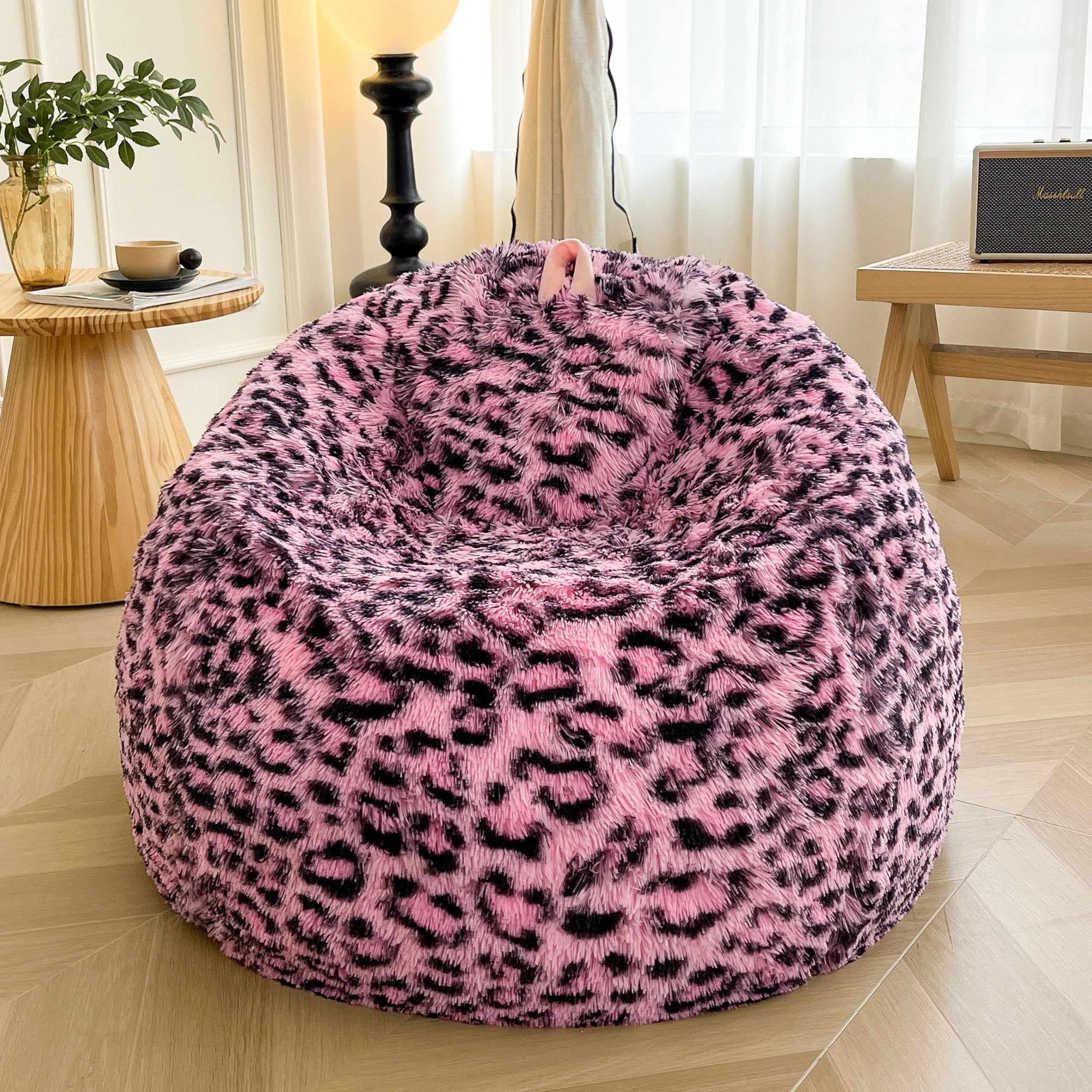 XeGe Faux Fur Leopard Print Bean Bag Chair Cover (No Filler), Fluffy Stuffed Animal Storage Pink Cheetah Bean Bag Home Decor, Furry Fuzzy Beanbag Cover for Adults Kids Girls, Anti-slip, Black and Pink