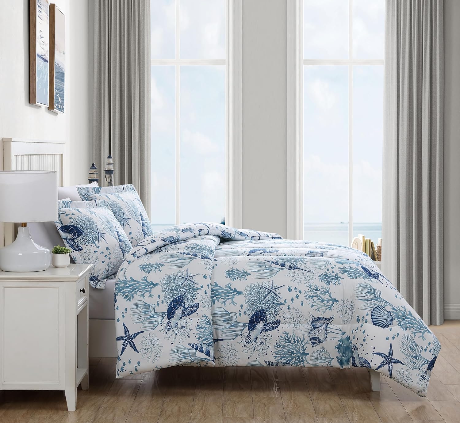 Caribbean Joe Full/Queen 3-Piece Comforter Set, Tropical Coastal Beach Design Bedding, Nautical Turtles