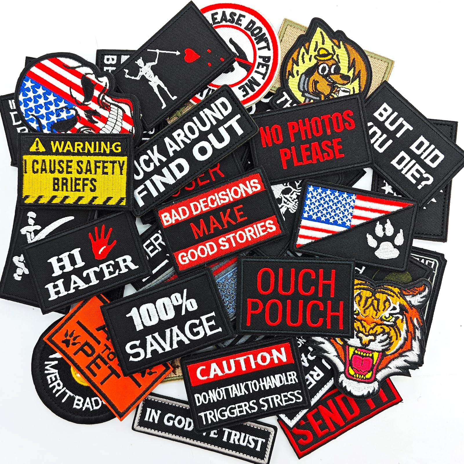 20 Pieces Random Funny Tactical Morale Patch Full Embroidery Military Loop and Hook Patches for Caps Backpacks Vest Harness Military Uniforms