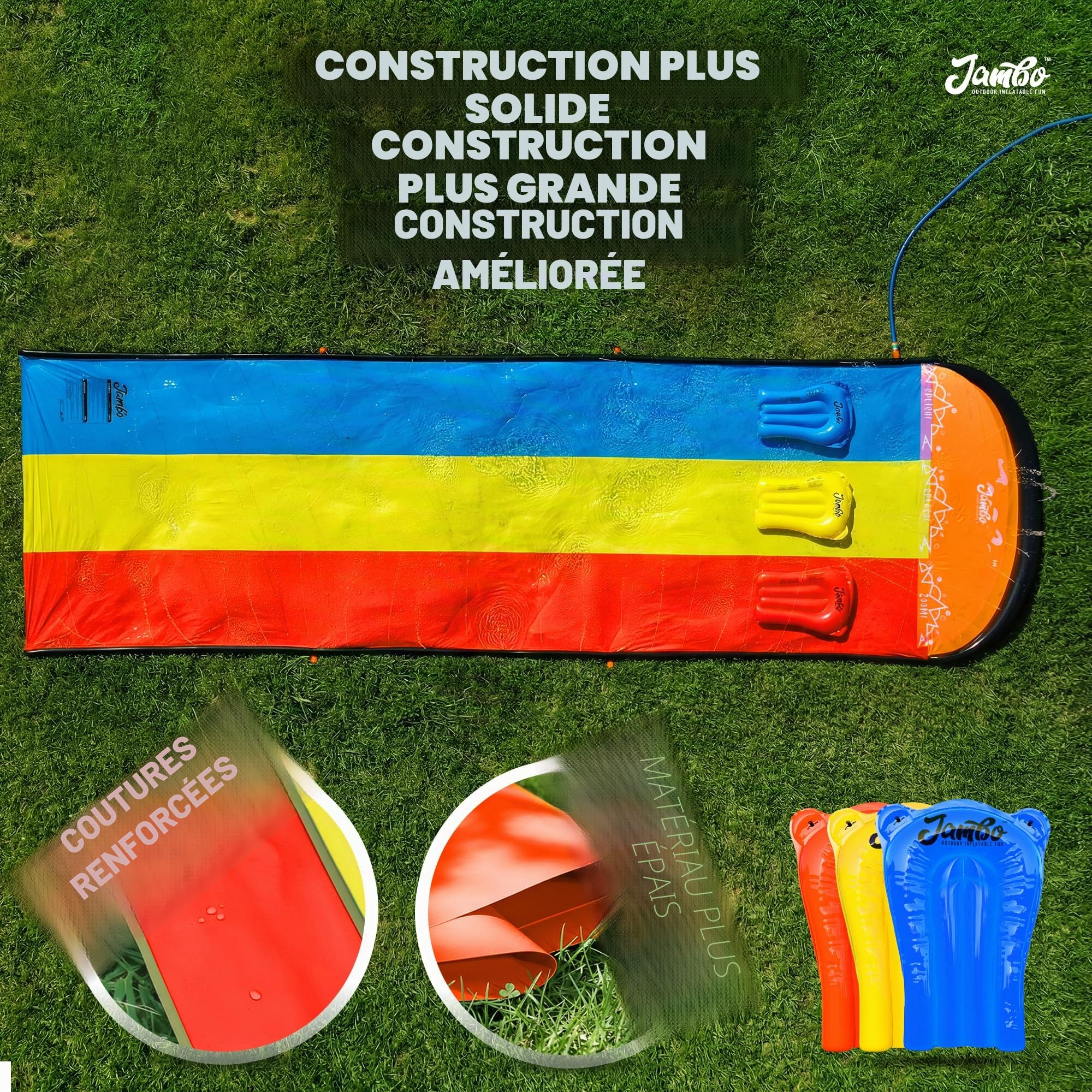 JAMBO Ventriglisse, Toboggan Aquatique 610 cm /20 ft, Tapis de Glisse Eau Enfant à Triple Piste avec 3 Bodyboards, Tapis Glissant Enfant, Jeux D’Eau