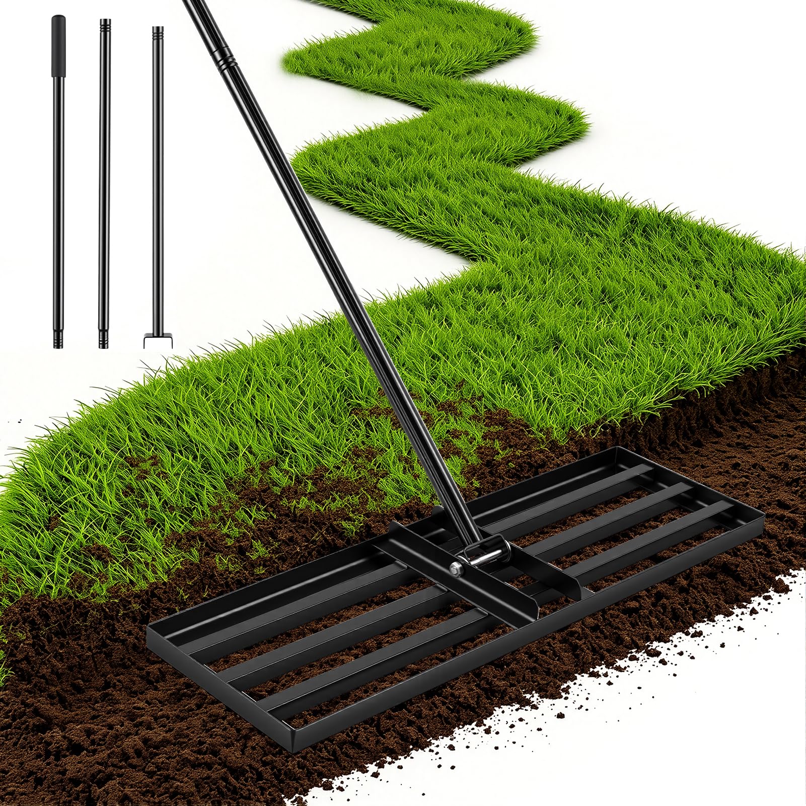 Lawn Levelling Rake,76x25cm Lawn Leveller with 200cm Adjustable Handle,Heavy Duty 2-in-1 Turf Lute & Soil Spreader,Carbon Steel Leveling Rake for Yard Garden Golf, Ease Level Soil Sand Dirt Surfaces