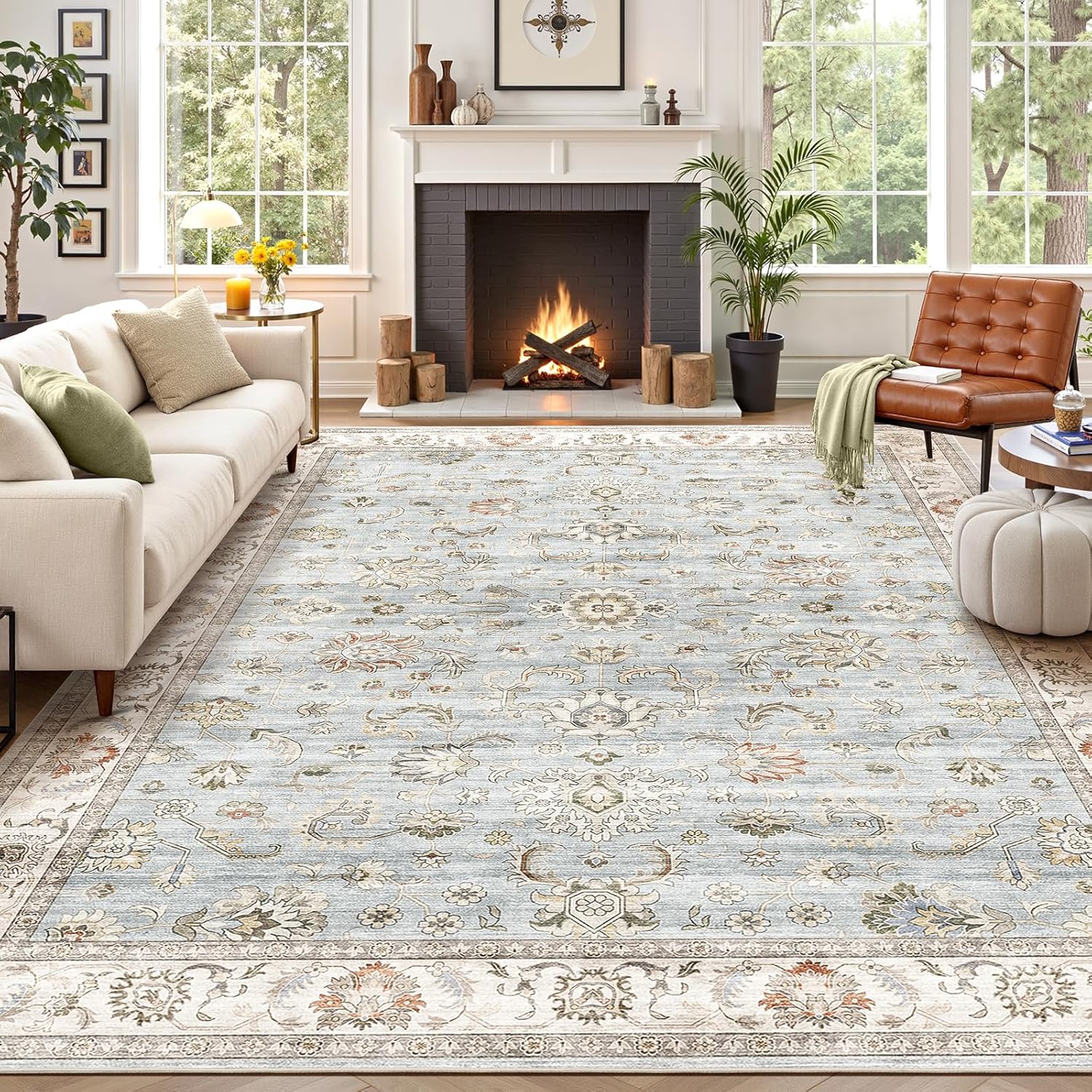 WITSHOCK 10x14 Area Rugs for Living Room: Machine Washable Non Slip Vintage Carpet - Low Pile Lightweight Print Rug for Bedroom Dining Room - Stain Resistant for Household - Pet Owners (Light Blue) Light Blue/Light Ivory/Beige 10' x 14' (Rectangular)