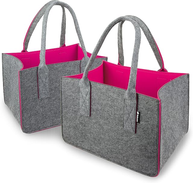 Dwupak z 2 filcowymi workami na zakupy, duża torba na zakupy z uchwytami, składana torba na drewno kominkowe, wszechstronna torba do noszenia, ciemnoszara/magenta