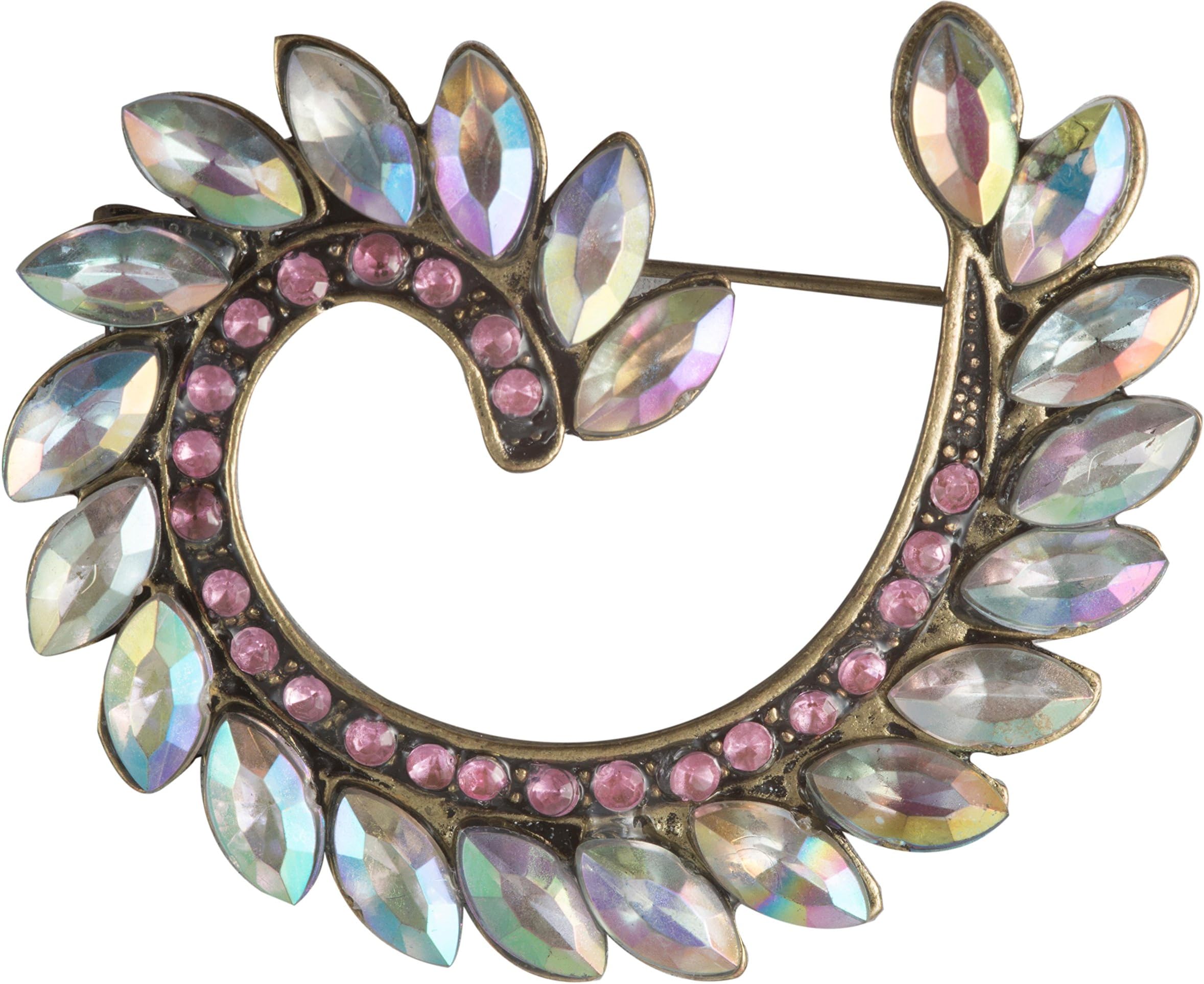 Victorian Swirl Brooch in Gunmetal Finish with Clear and Pink Stones
