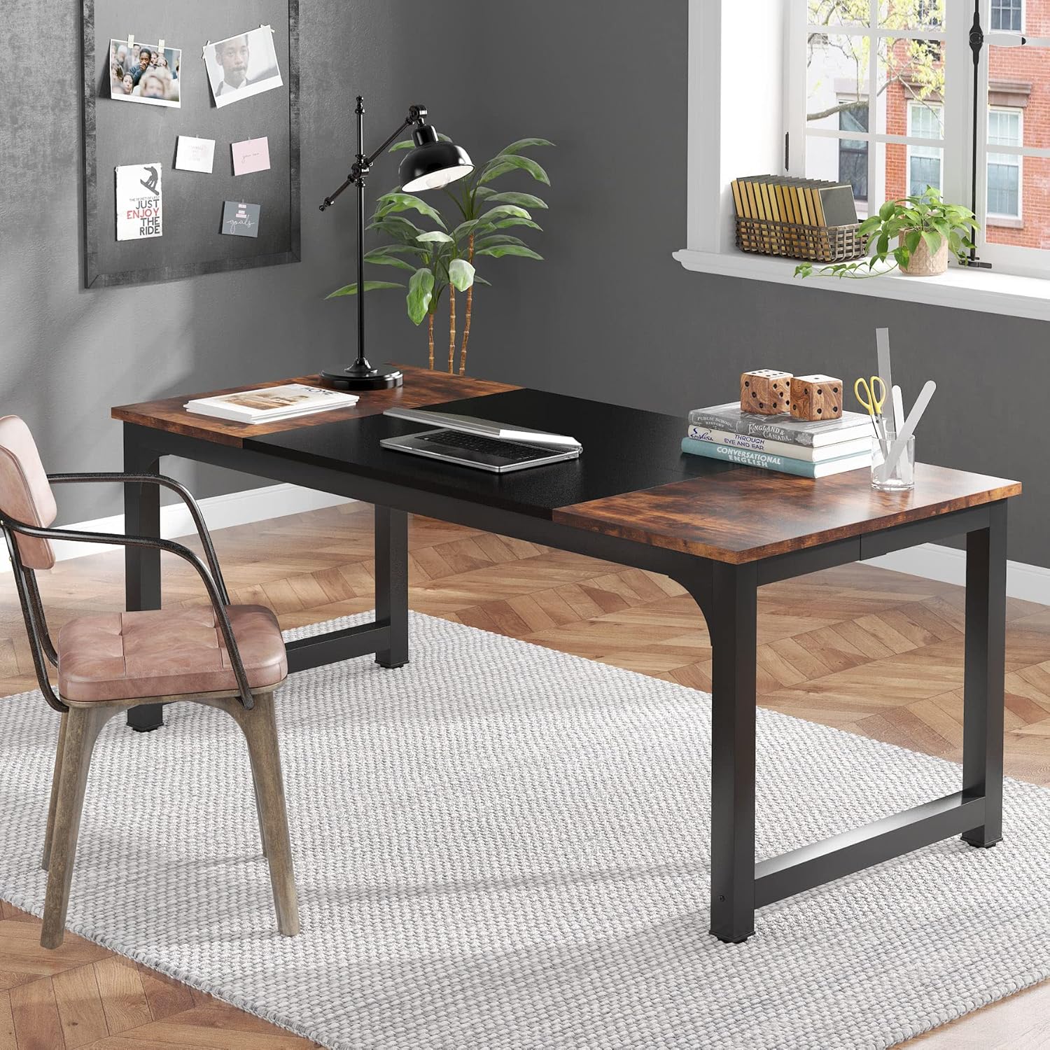 Detailed dimensions of the Tribesigns Modern Computer Desk, showing length, width, and height.