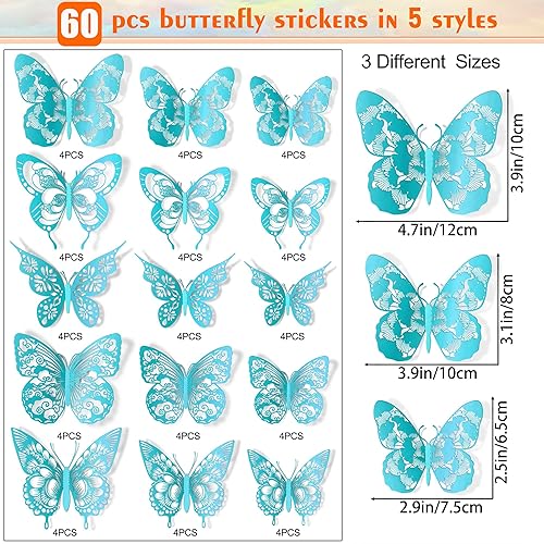 Miniatura 2 de 60 calcomanías de pared de mariposas huecas con patrón vintage 3D, mariposas verde azuladas, calcomanías de pared removibles 5 estilos, 3 tamaños,