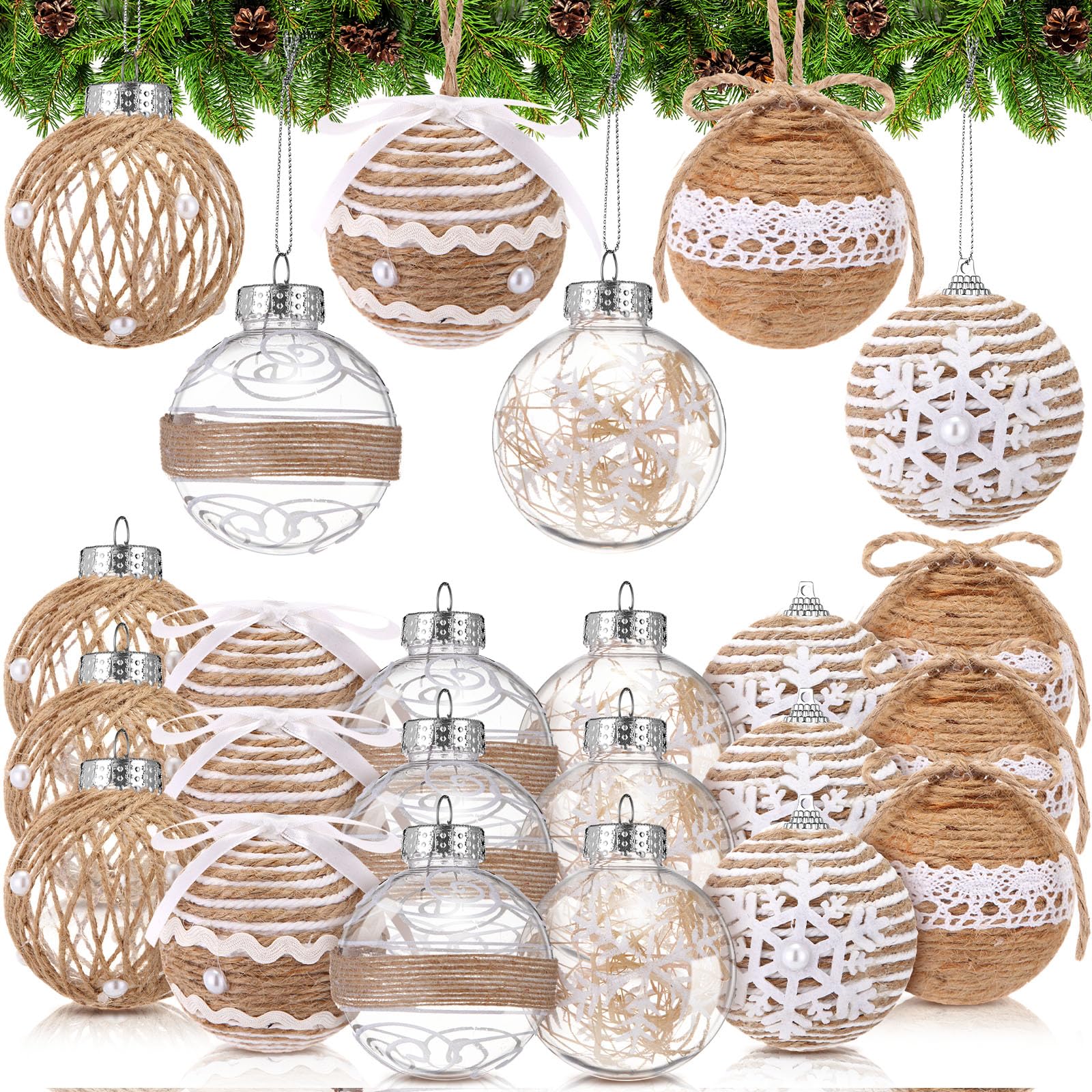 Syhood 24 Pcs Burlap Christmas Ball Ornaments 2.76 Inch Rustic Farmhouse Christmas Tree Ornaments Decoration Natural Jute Rope Hanging Balls Boho Christmas Ornaments for Xmas Tree Party Holiday Decor