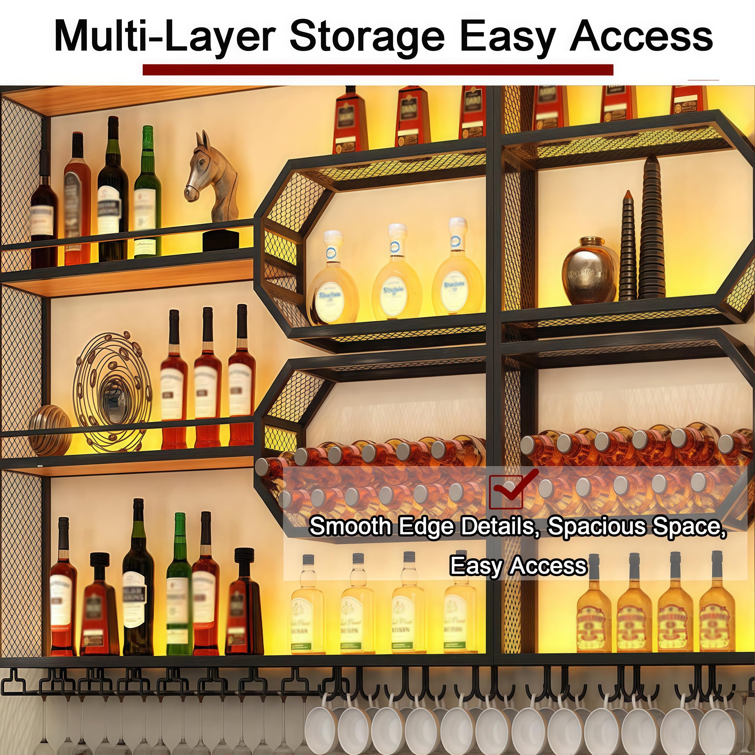 301cm Portabottiglie Da Parete con portabicchieri a LED, 4 ripiani Espositore Creativo Per Vino Da Parete, Metallo Porta Vino Portabottiglie da parete per bar, ristoranti e casa (301*125*25cm)