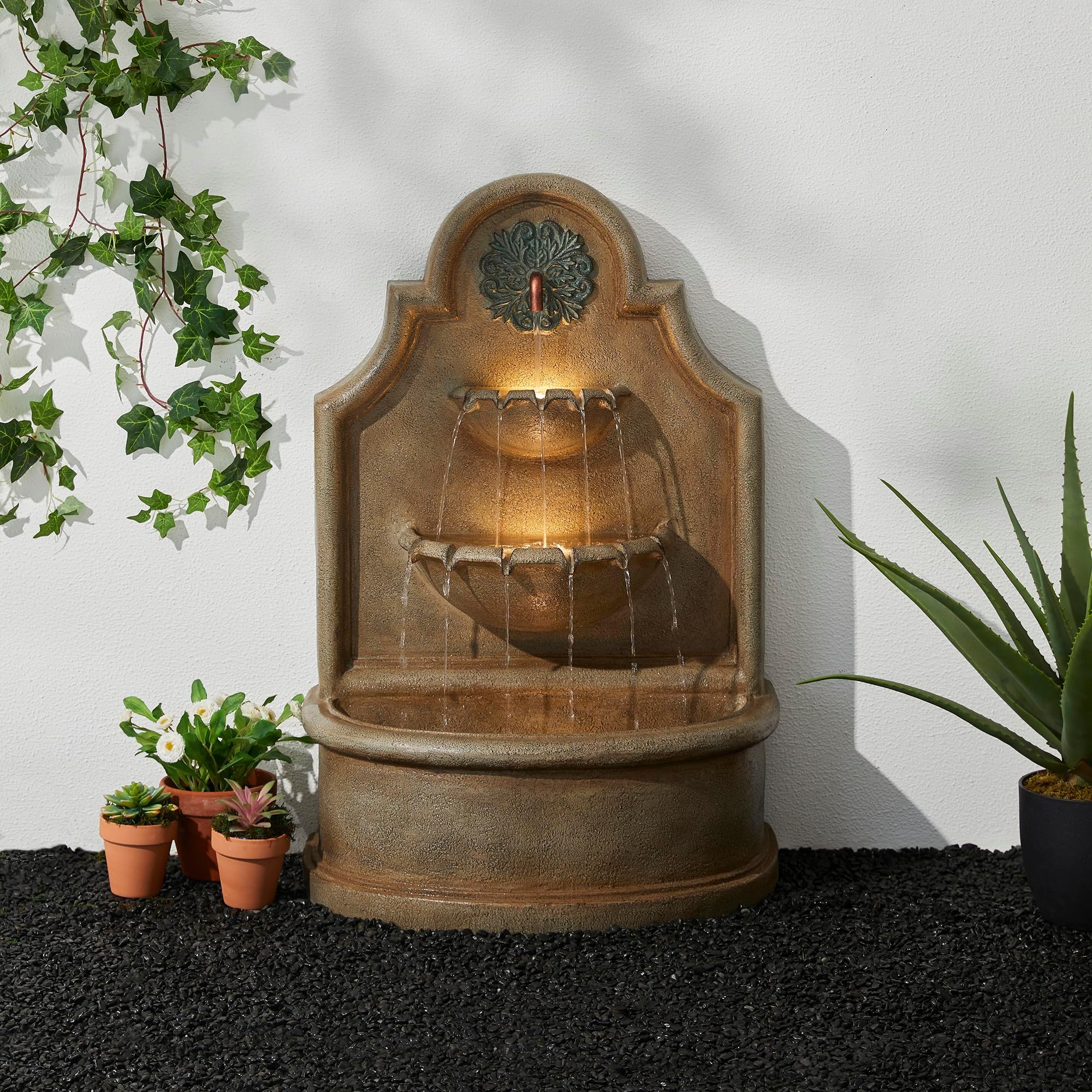 Glitzhome 37.25" H Outdoor Garden Water Fountain with LED Lights and Pump, Oversized Antique European Style 3-Tier Polyresin Cascading Floor-Standing Fountain for Porch Deck Patio Backyard Decoration