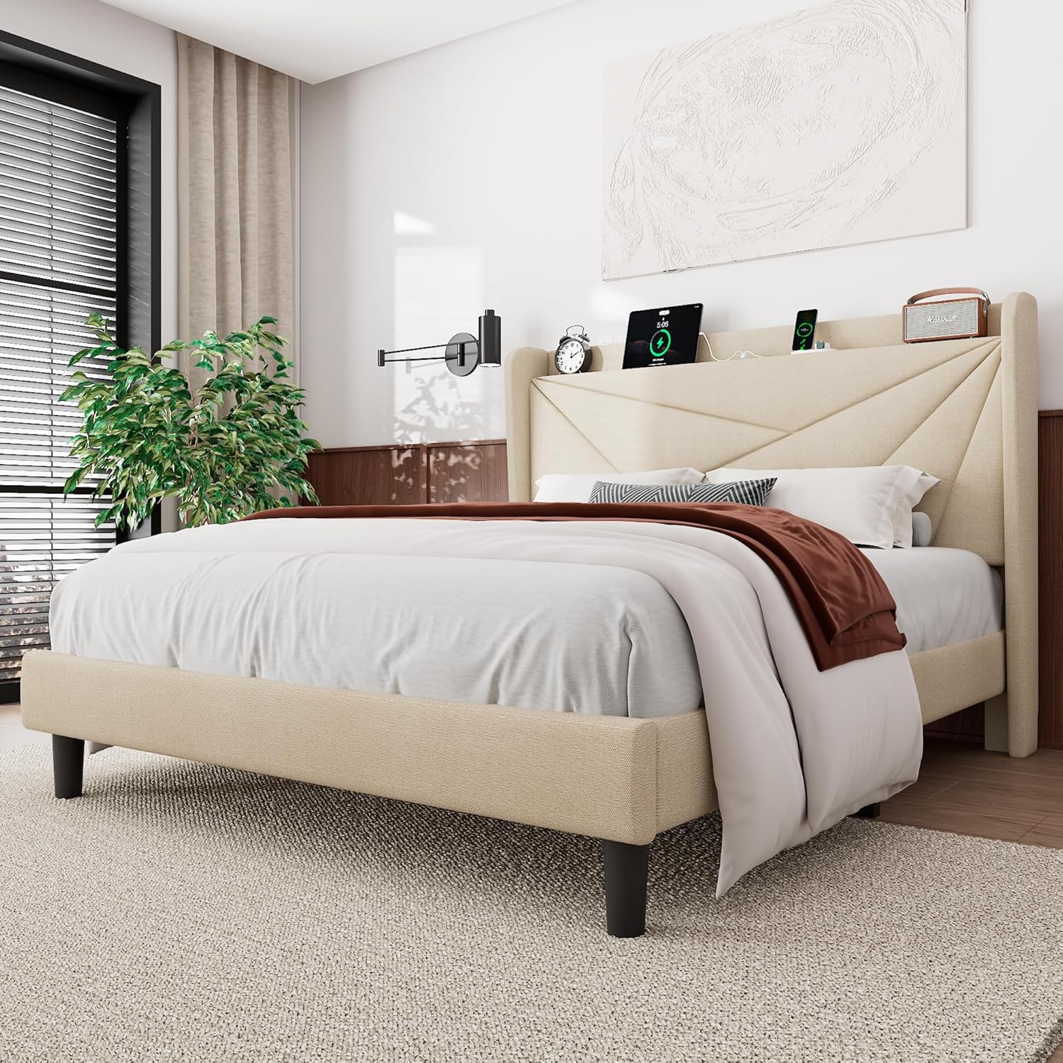 Feonase Queen Size Bed Frame with Charging Station, Linen Upholstered Platform Bed Frame with Wingback Storage Headboard, Solid Wood Slats Support, No Box Spring Needed, Noise Free, Beige - Image 8