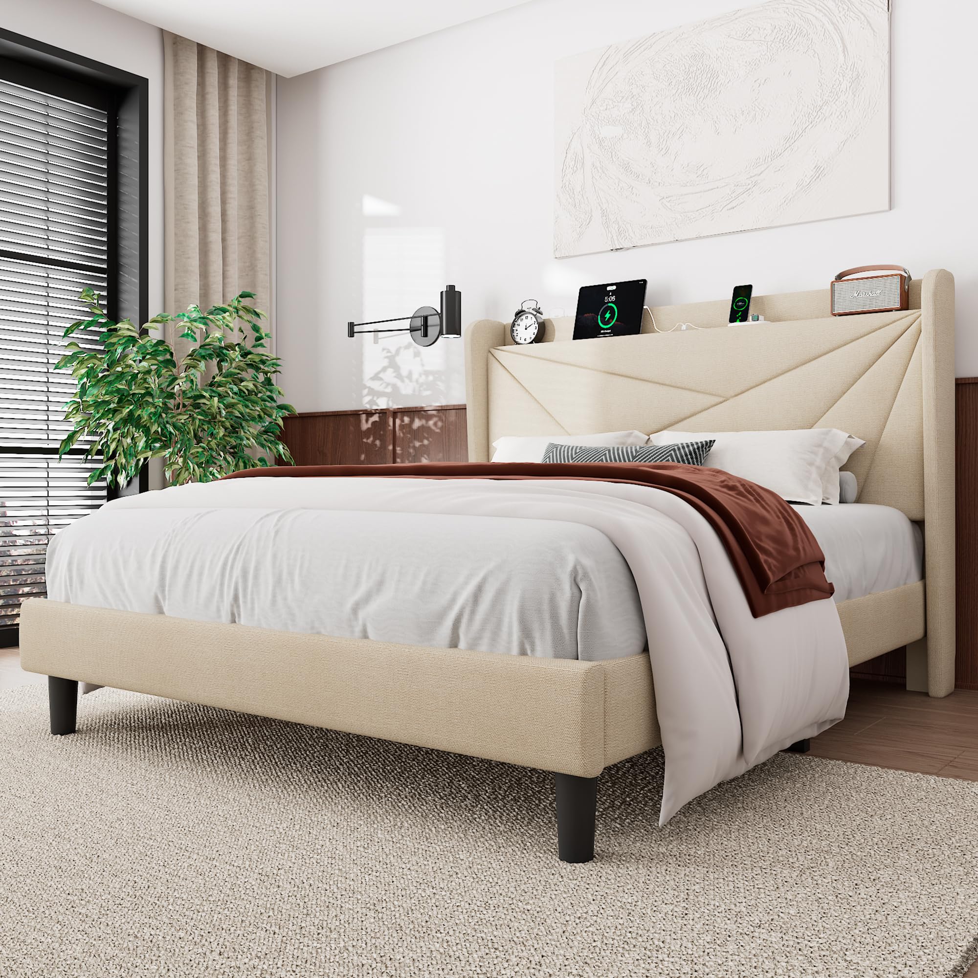 Feonase Queen Size Bed Frame with Charging Station, Linen Upholstered Platform Bed Frame with Wingback Storage Headboard, Solid Wood Slats Support, No Box Spring Needed, Noise Free, Gray: Beige Full