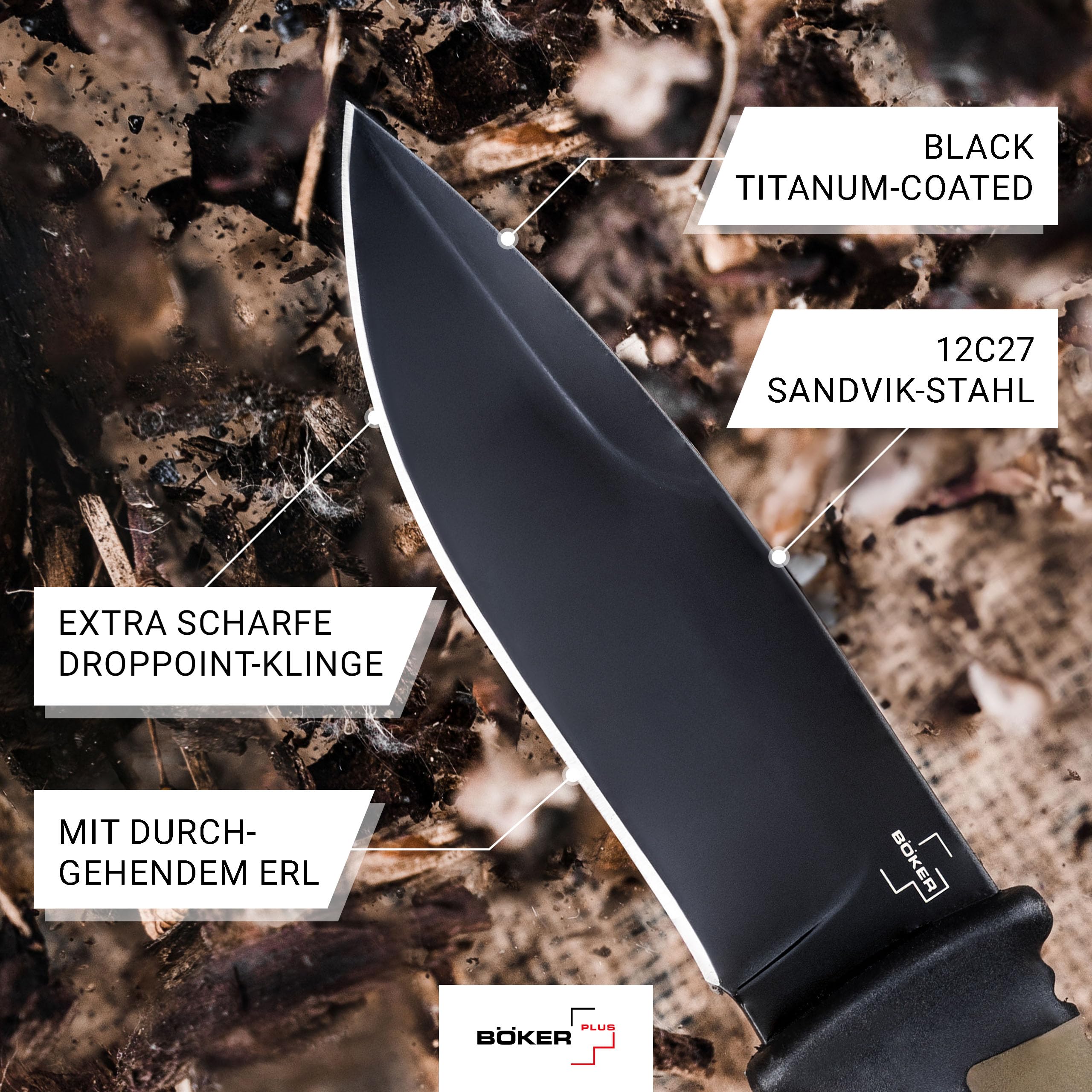 BÖKER PLUS® Desertman - feststehendes Fahrtenmesser mit 11,5 cm schwarzer Sandvik Klinge - Spearpoint Outdoor-Messer mit GFK & TPR Griff in KU-Scheide für Pfadfinder