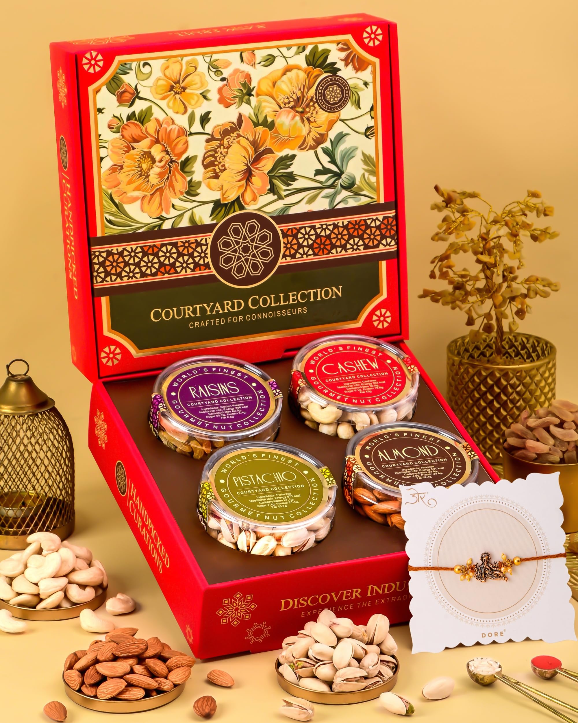 Hyperfoods® Rakhi With Dry Fruits 495g RawFruit Courtyard Collection Pack of 4 Dry Fruits Gift Box Rakhi Combo Set for Brother DryFruits Gift Pack Dryfruit Gift Hamper