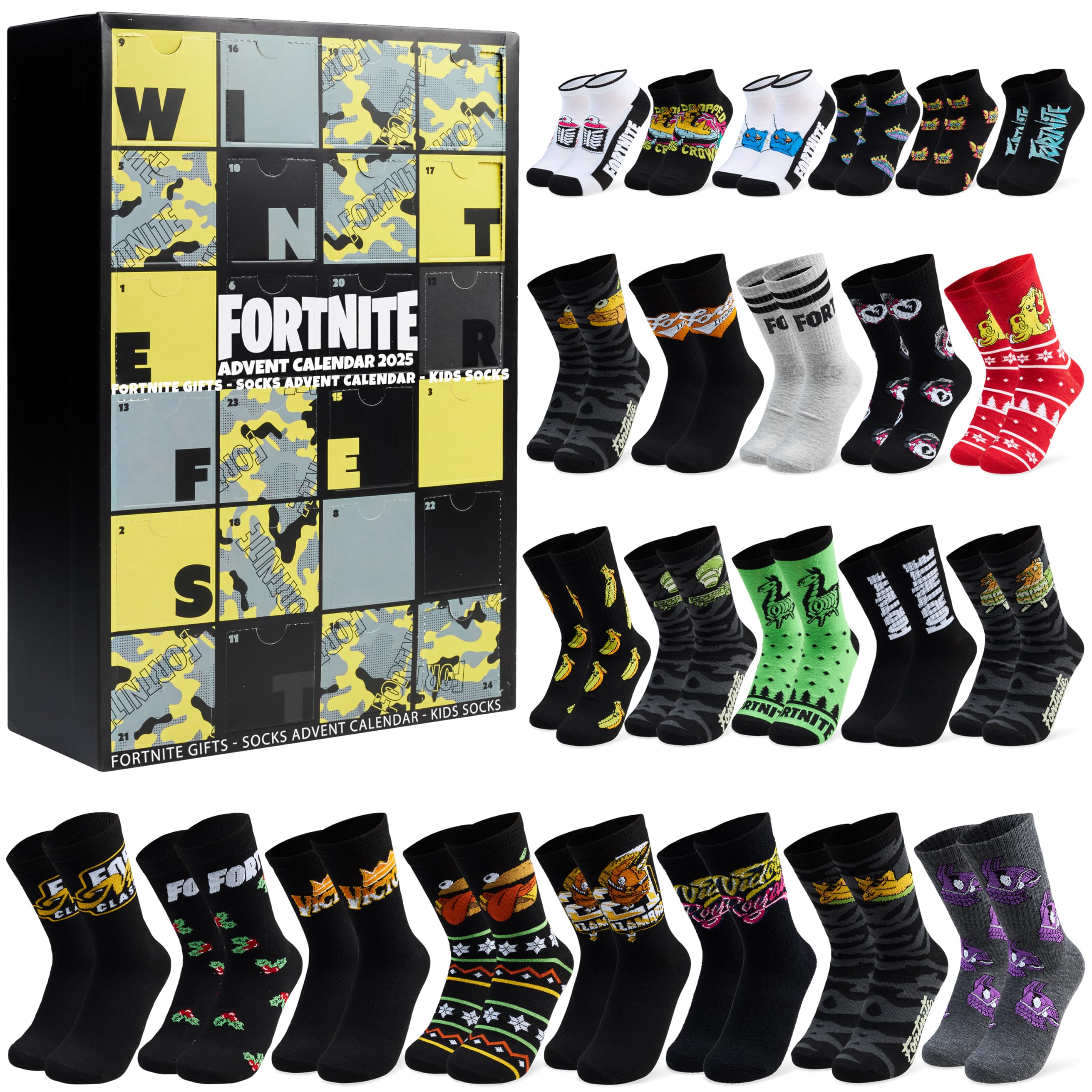 Get Trend Fortnite Calendrier de l'Avent 2025 avec 24 Paires Chaussettes Motif pour Ado et Homme, 39–42.5, Idée Cadeau Original pour Lui (Noir/Jaune Fortnite
