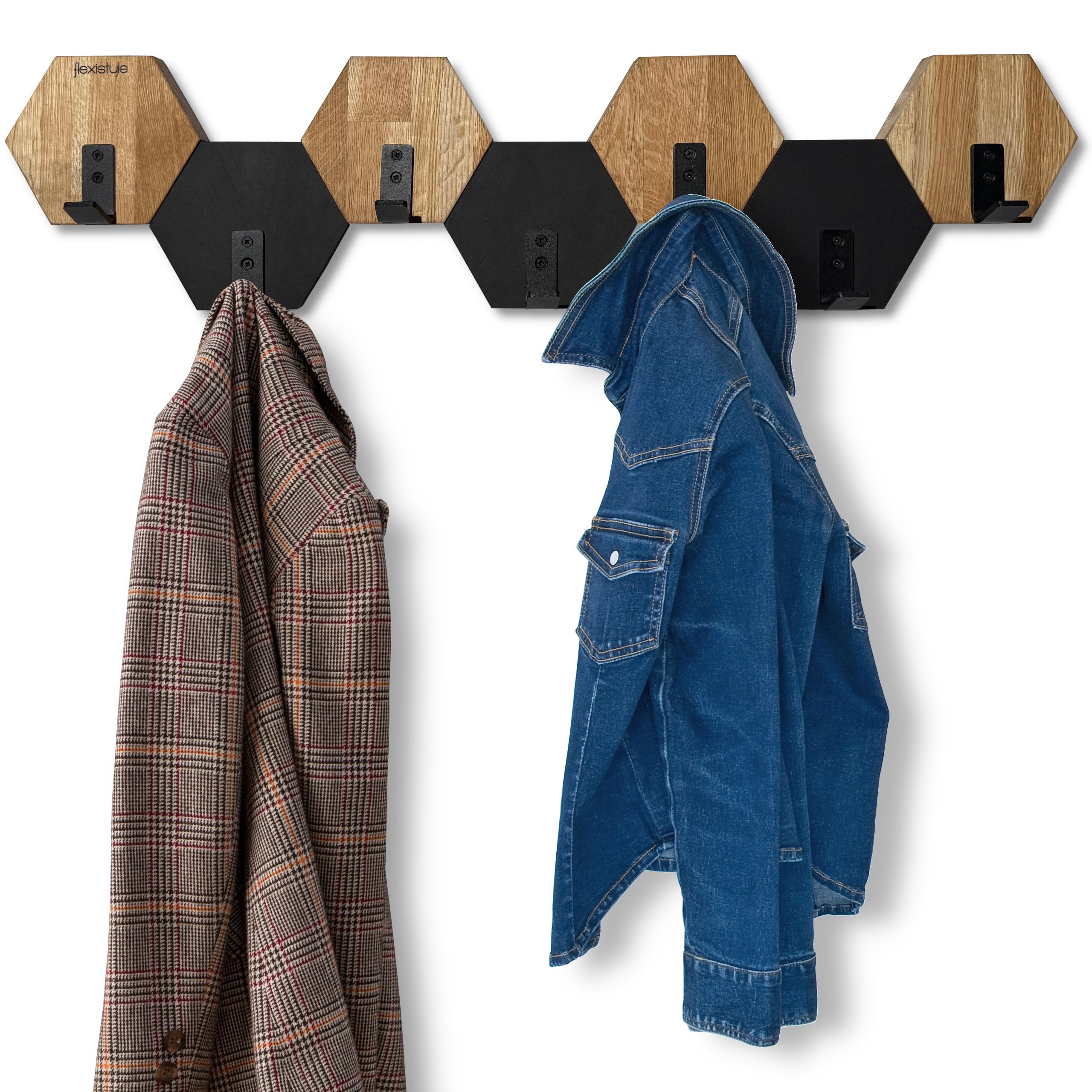 Patère murale hexagonale bois chêne noir crochet design moderne 77