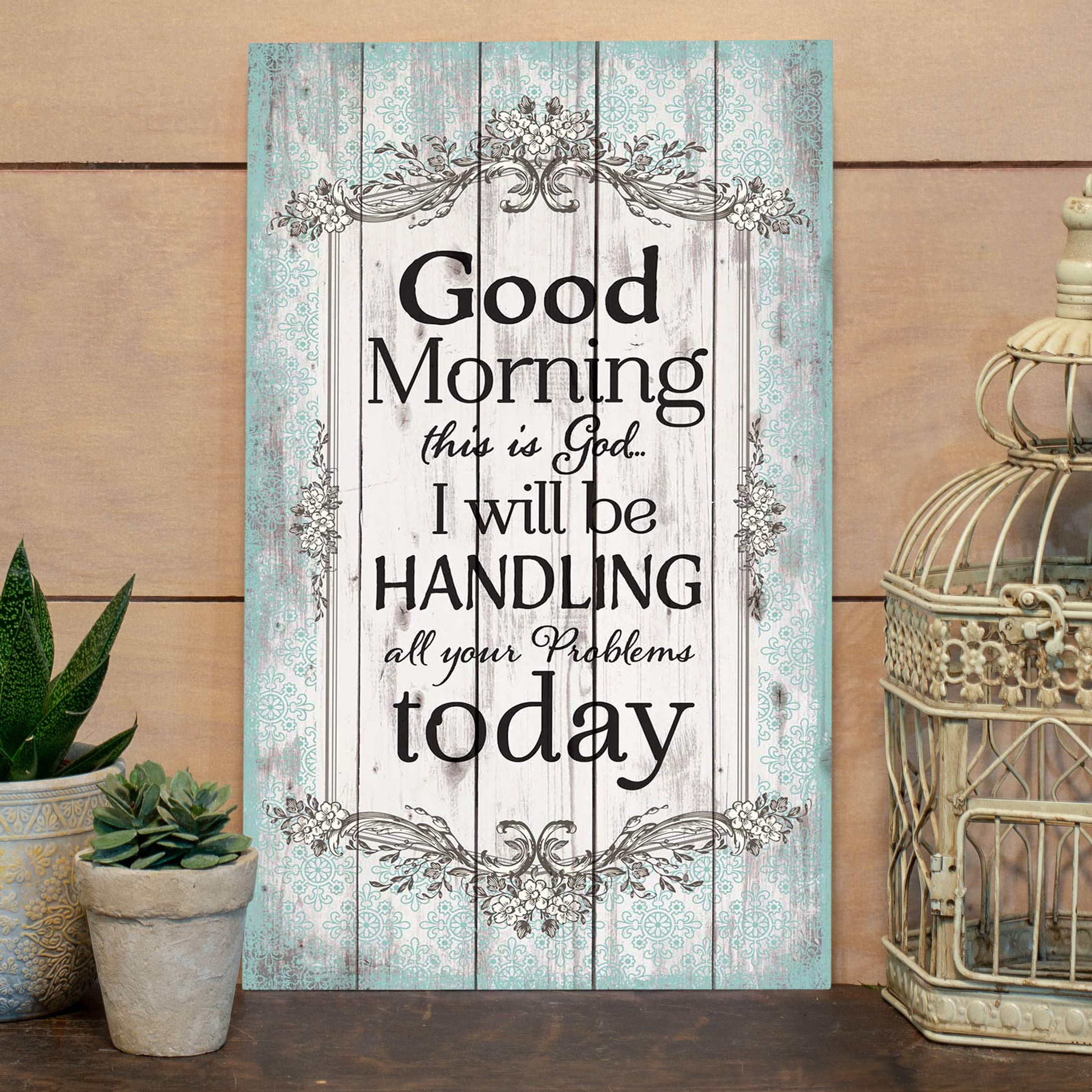 Buenos días Esta es Dios... Verde Diseño de flores 24 x 14 madera paleta de pared Art placa decorativa