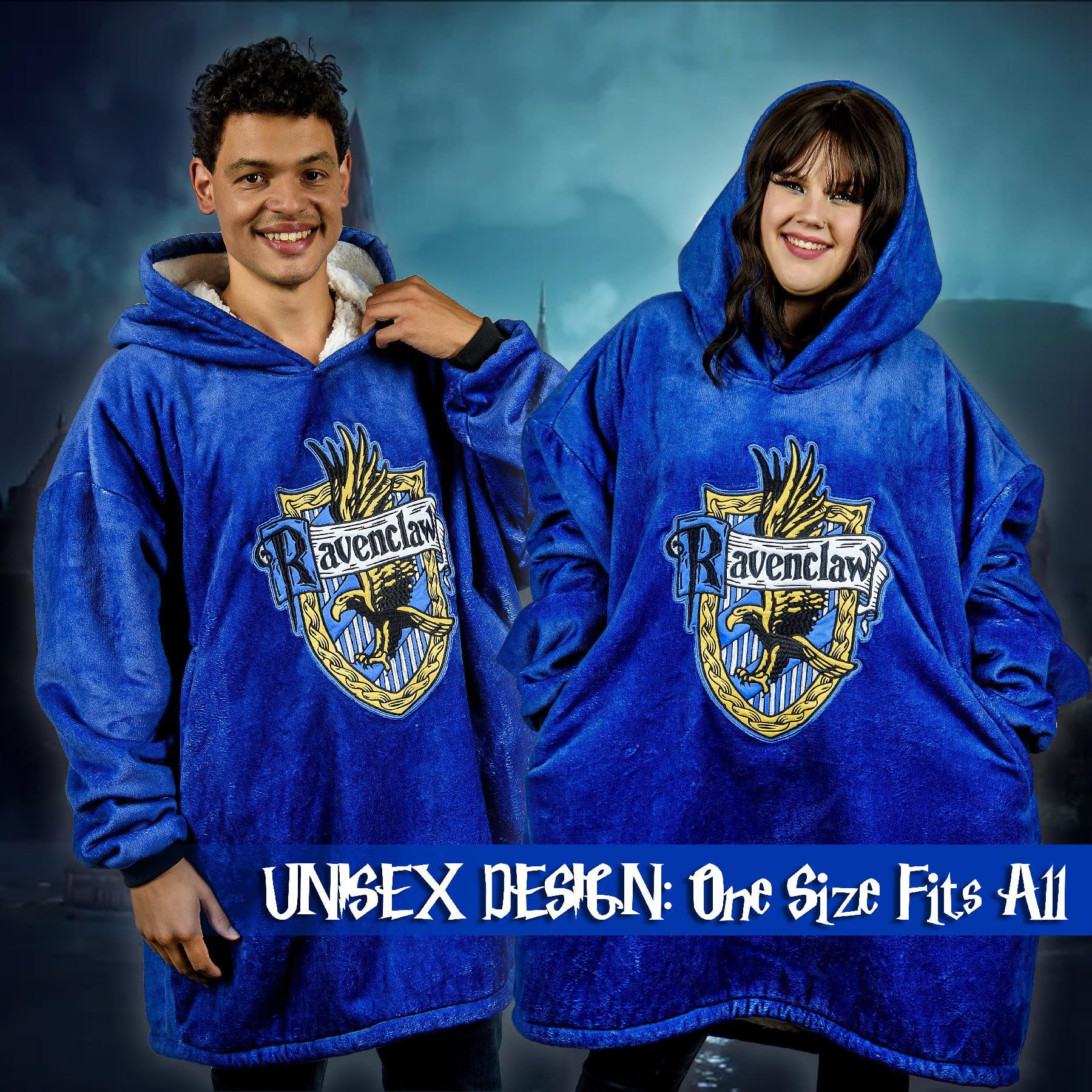 Coperta con cappuccio e tasca di Harry Potter, design con stemma della casa di Corvonero, in pile oversize indossabile con cappuccio e tasca, regali HP per donne, adulti e bambini