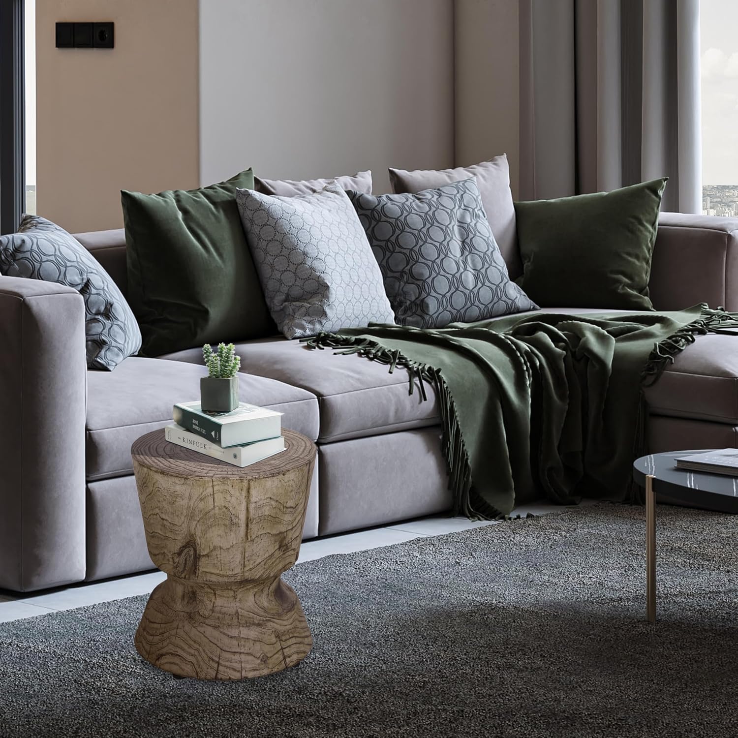 Afterglow Terrafab Material Round Side Table, Natural Wood Look Decorative Garden Stools for Living Room Bedroom Patio Home Decor,Wood Grain Grey
