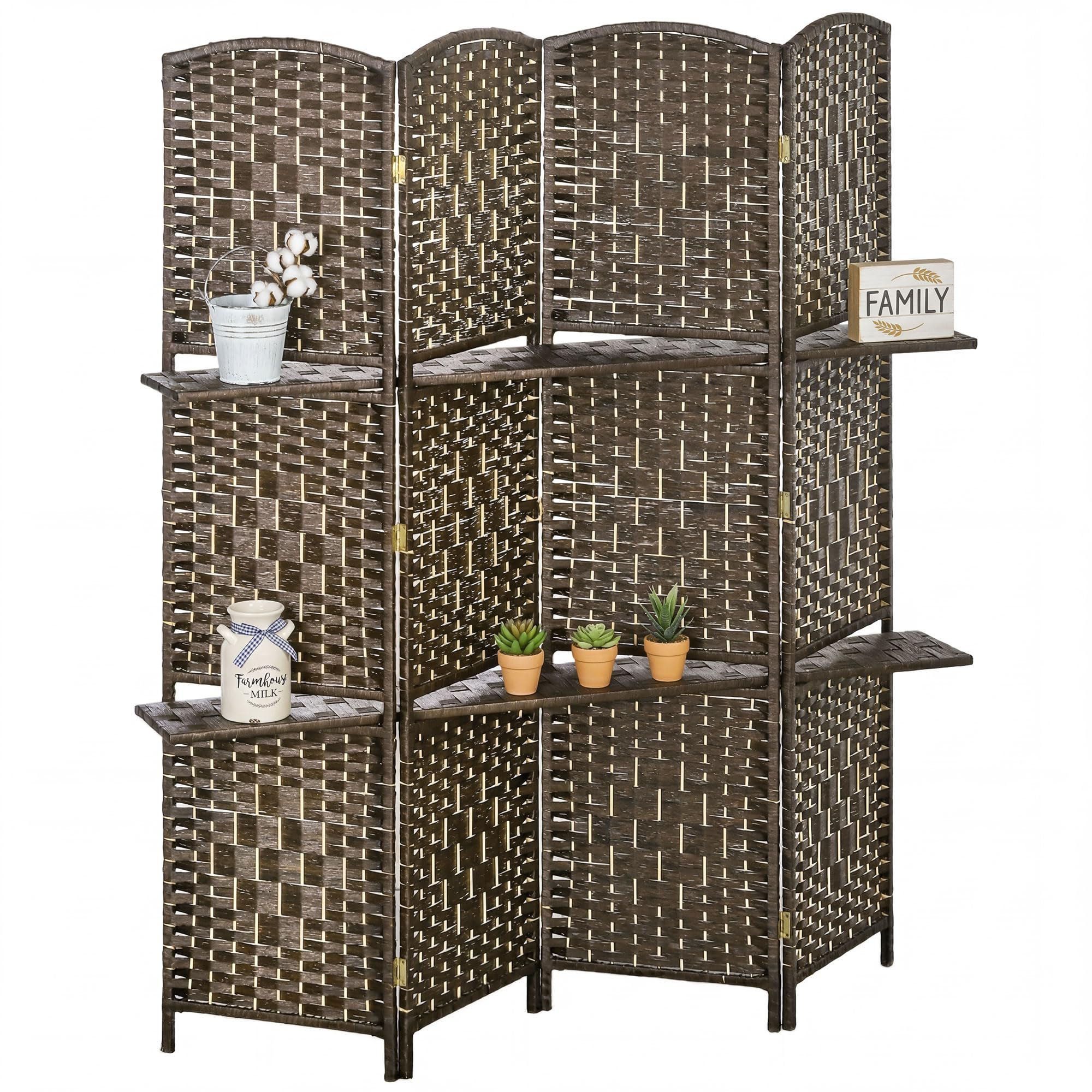 HOMCOM Biombo Separador de Ambientes de 4 Paneles 160x170 cm con 2 Estantes de Exhibición Pantalla de Privacidad Plegable Divisor para Oficina Dormitorio Marrón