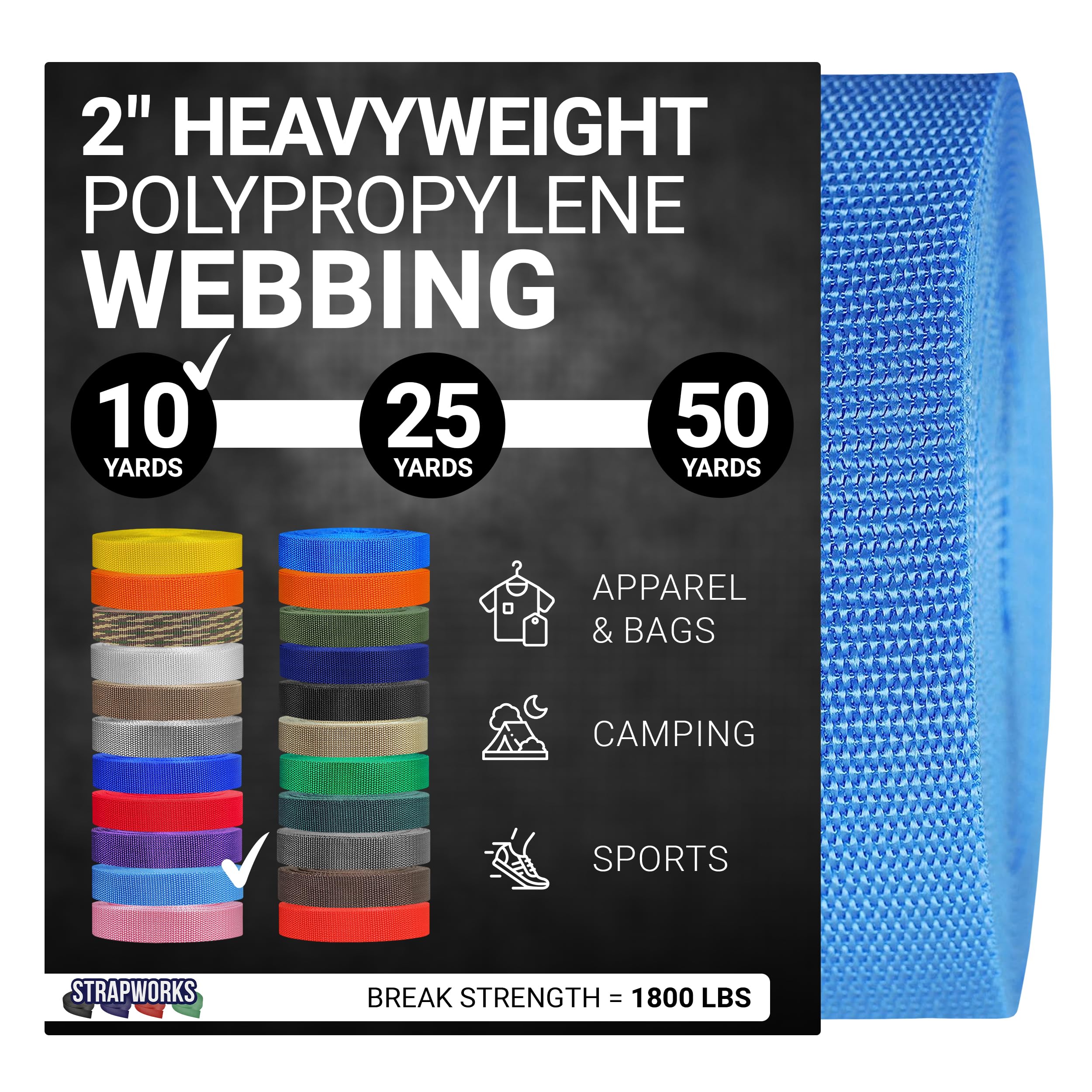 Strapworks Heavyweight Polypropylene Webbing - Heavy Duty Poly Strapping for Outdoor DIY Gear Repair, 2 Inch x 10 Yards - Powder Blue