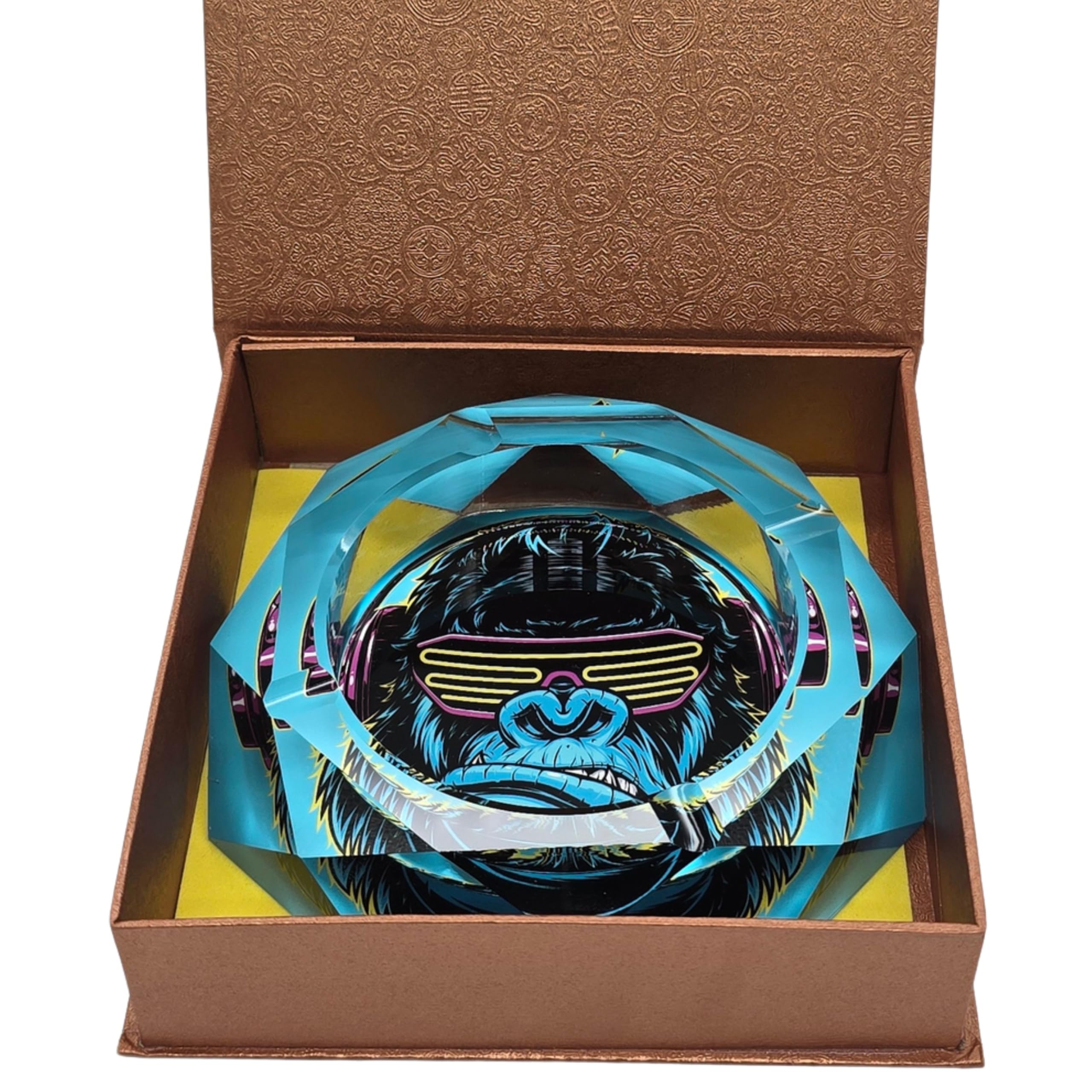 Zactly - Decorative Glass Ashtray Set, Heavy Duty Crystal Cigarette and Cigar Ash Tray with Colourful Artistic Designs, Deep Bowl Square Tabletop Ashtrays for Home, Office, Bar – Gift Box (Gorilla)