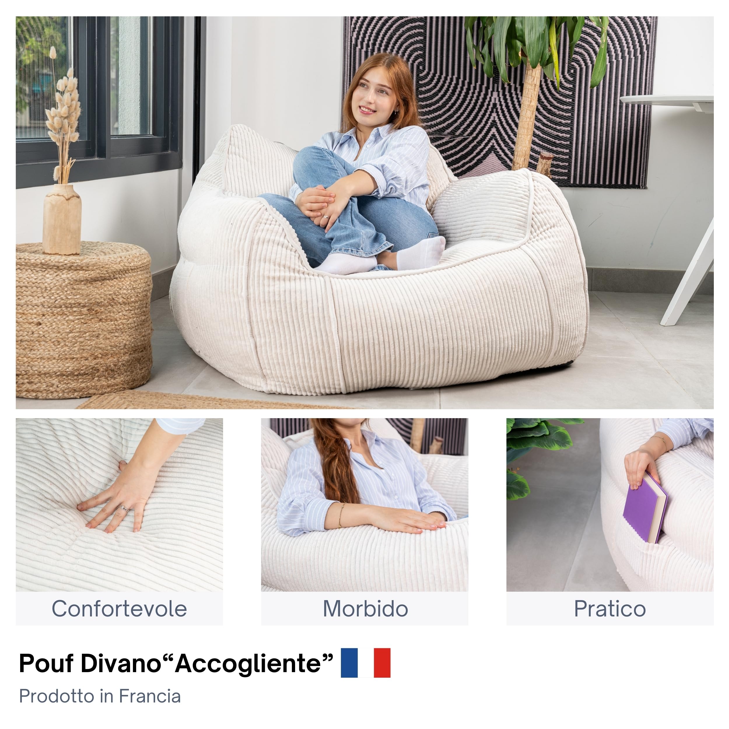 bananair - Pouf Poltrona per Salotto e Camera - Tessuto in Velluto a Coste Morbido ed Elegante - Poltrona Sacco Generosamente Imbottito, Ideale per un Ambiente Accogliente (Bianco Sporco)
